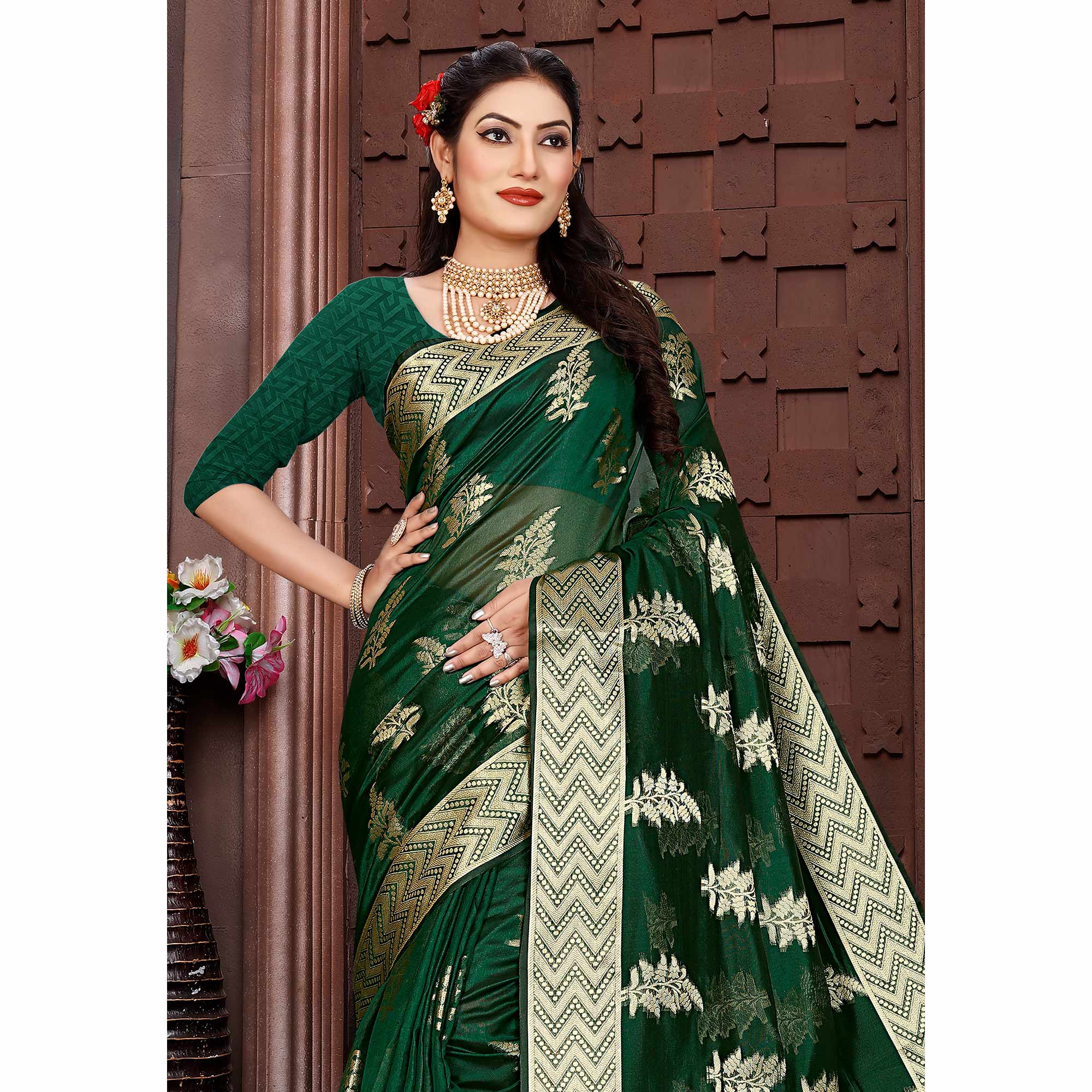 Bottle Green Floral Woven Organza Saree