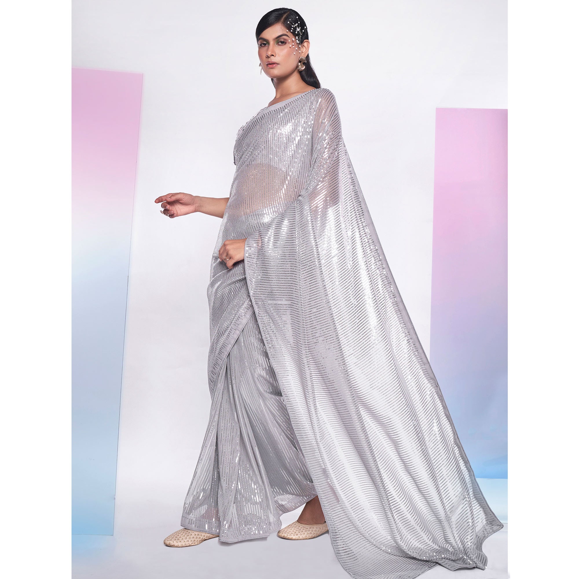 Grey Sequins Embroidered Georgette Saree