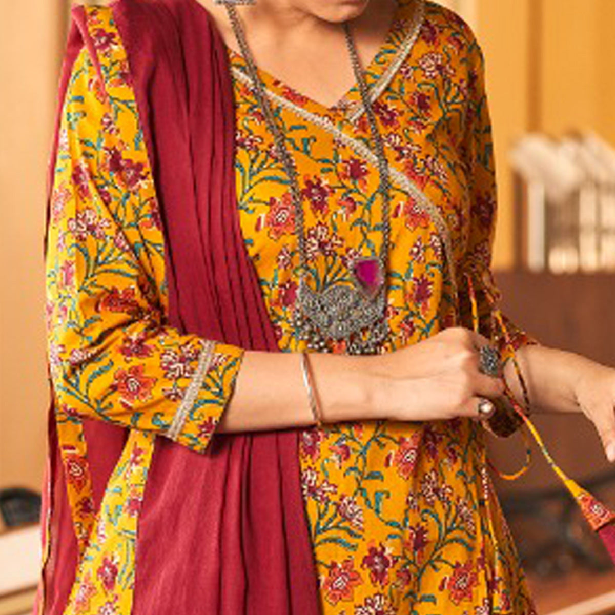 Mustard Floral Printed Pure Cotton Angrakha Style Suit