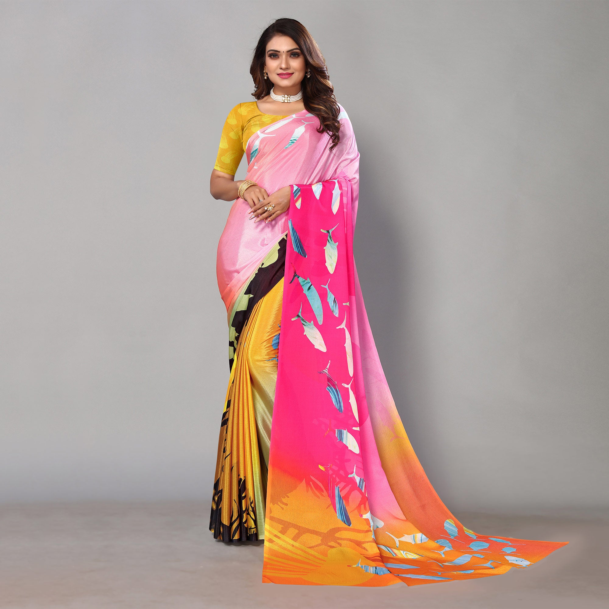 Multicolored Digital Printed Chiffon Saree