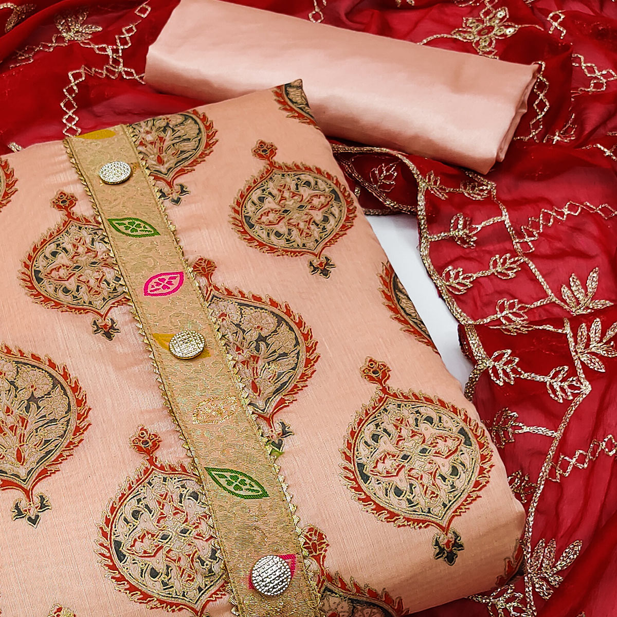Peach Embroidered Chanderi Dress Material