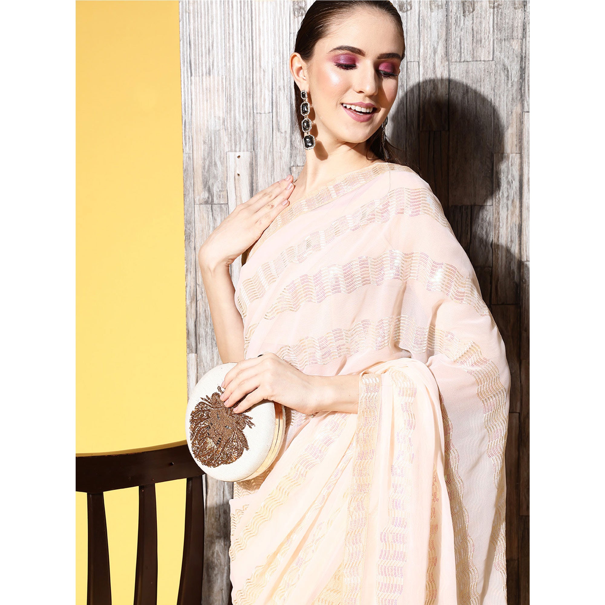 Cream Sequins Embroidered Georgette Saree