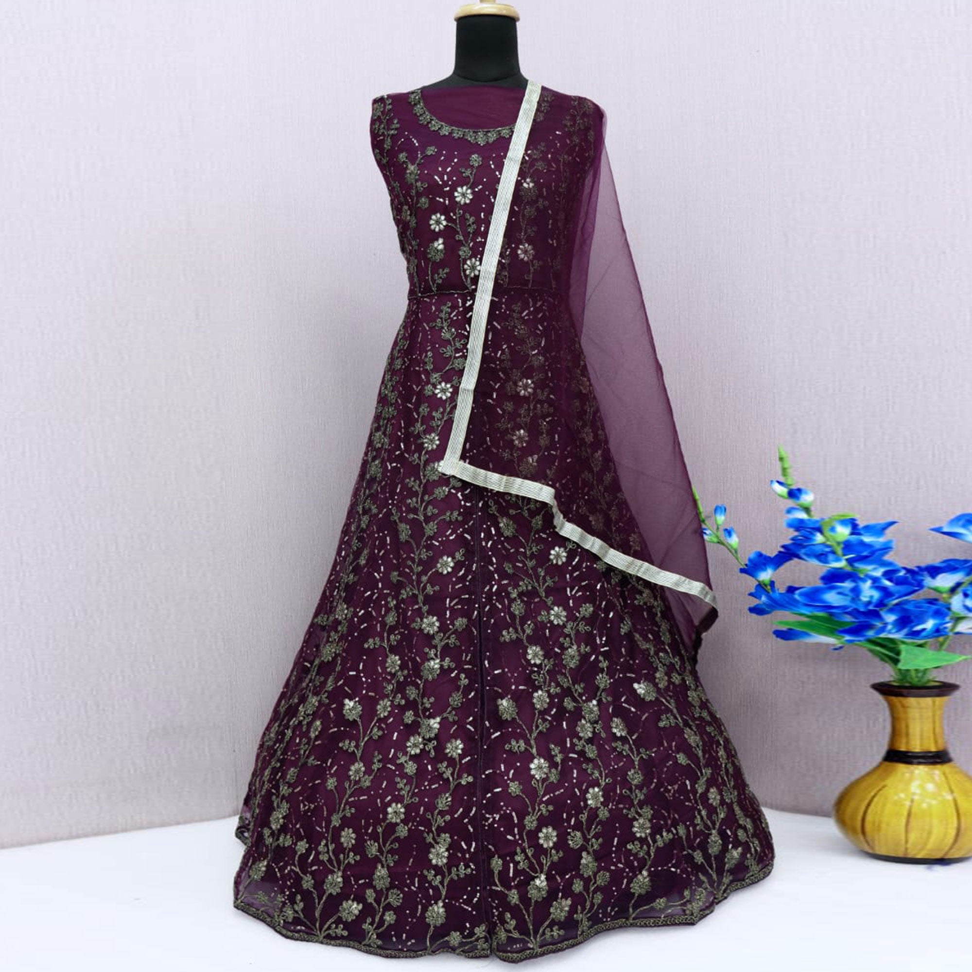 Purple Zardosi Work Netted Gown