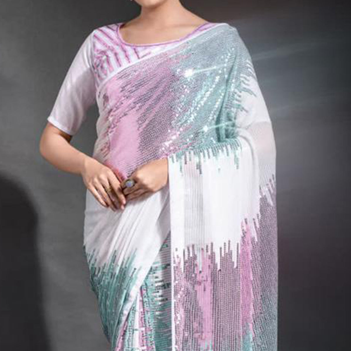 White Sequins Work Georgette Saree
