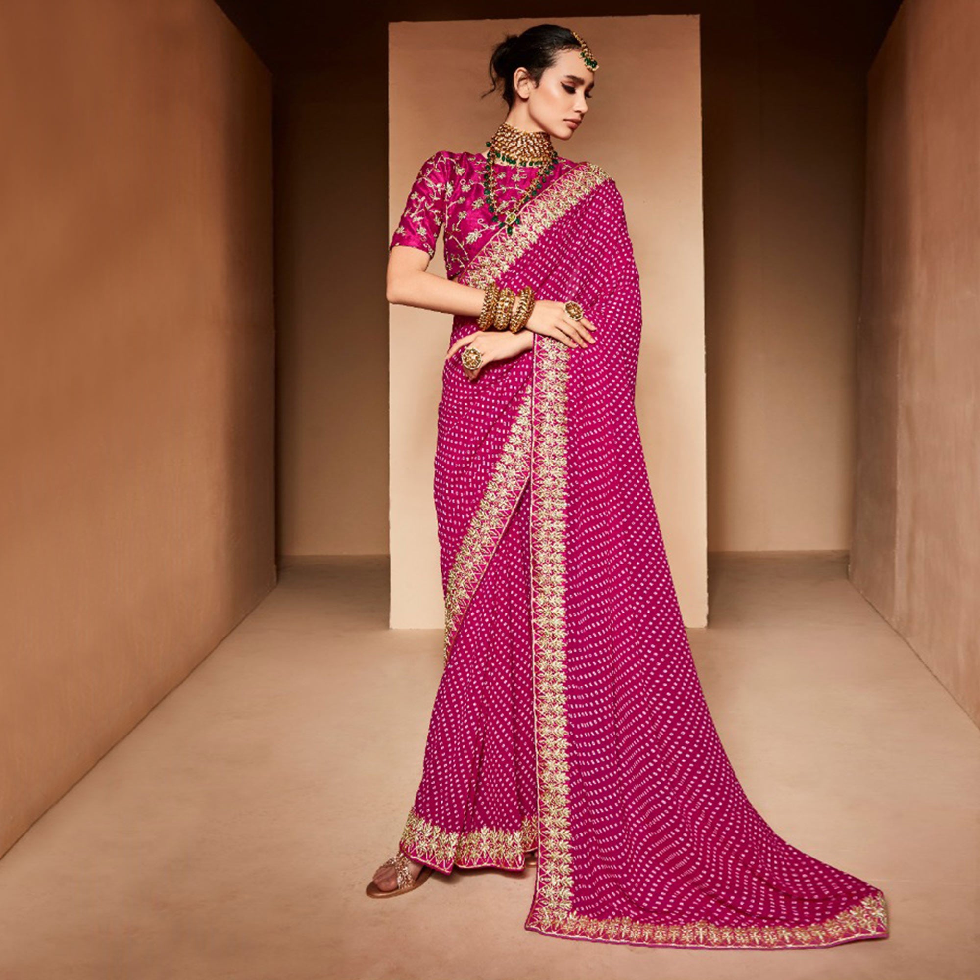 Rani Pink Bandhani Printed With Embroidered Border Georgette Saree