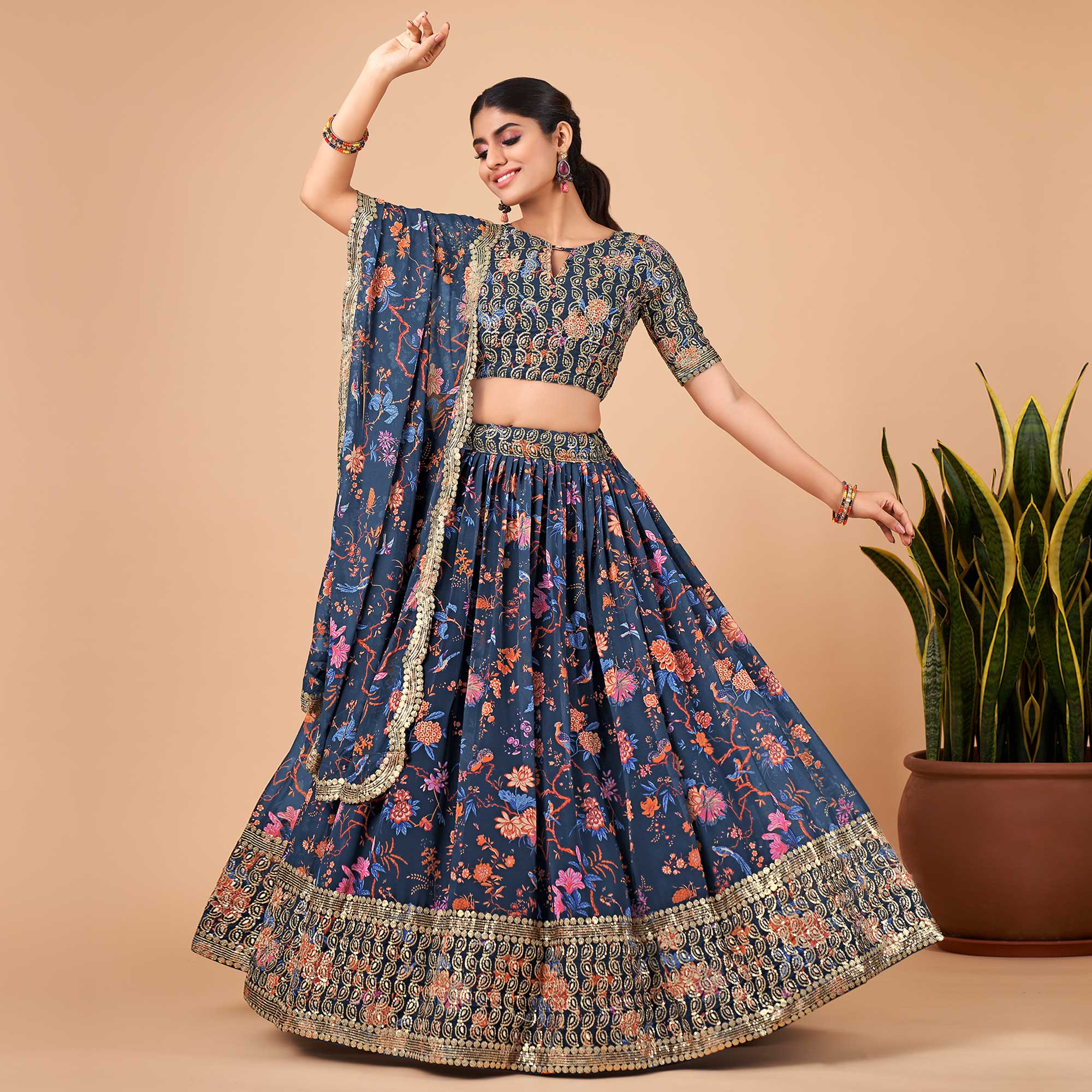 Blue Floral Printed And Sequins Work Georgette Lehenga Choli