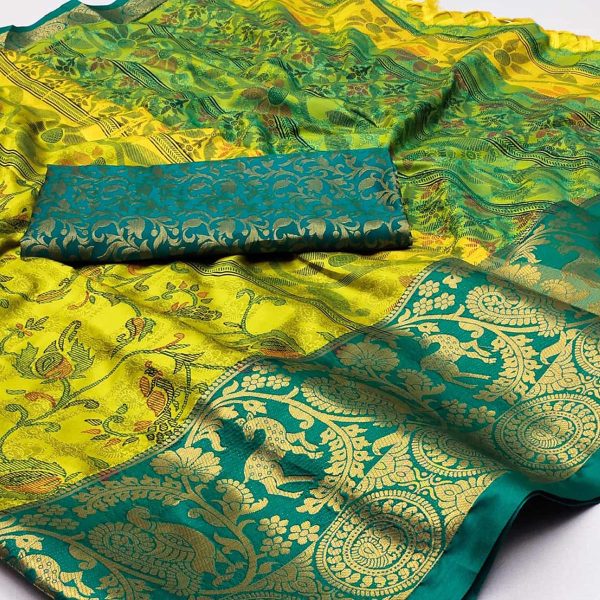 Lemon Green Printed With Woven Border Cotton Silk Saree