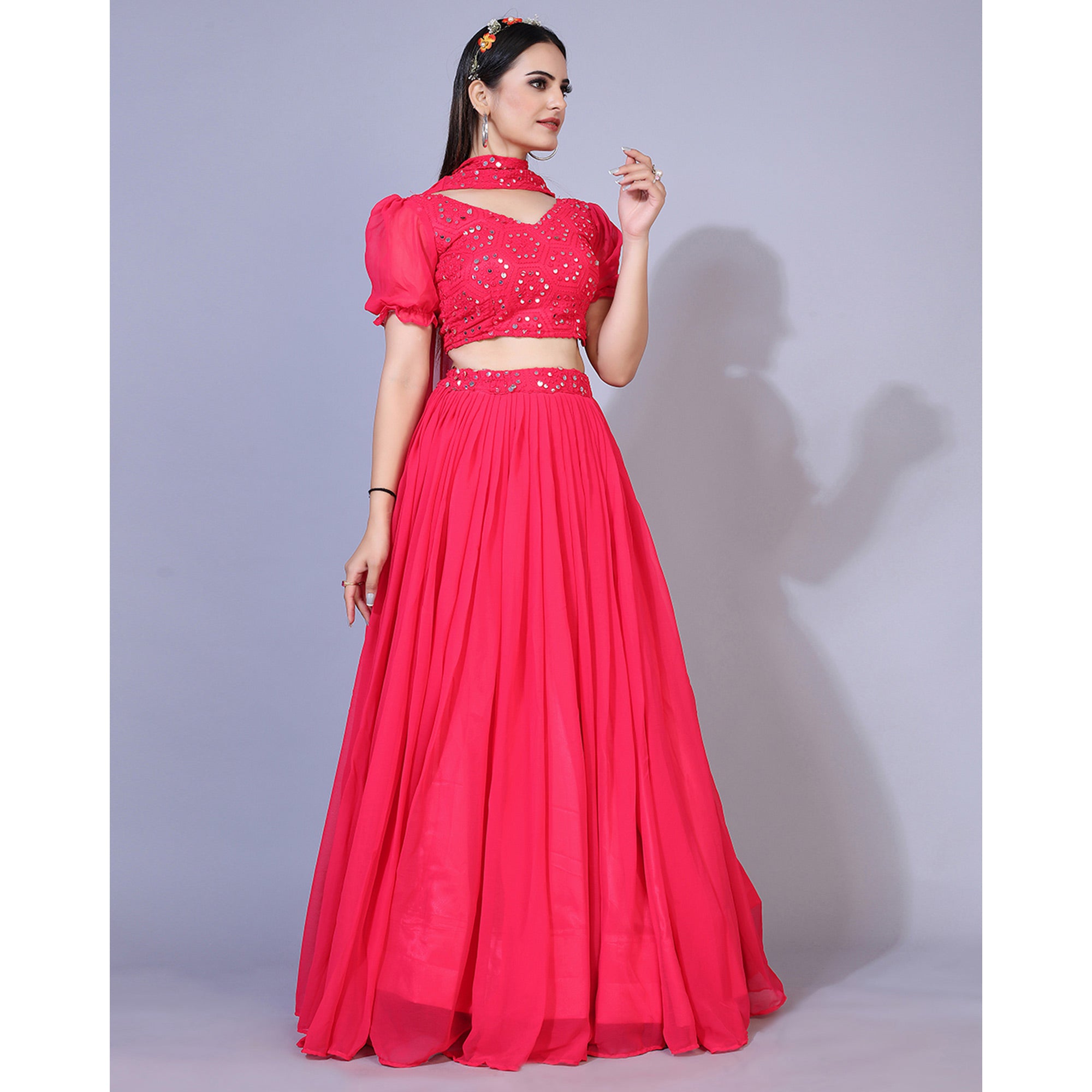 Pink Mirror Embroidered Georgette Lehenga Choli