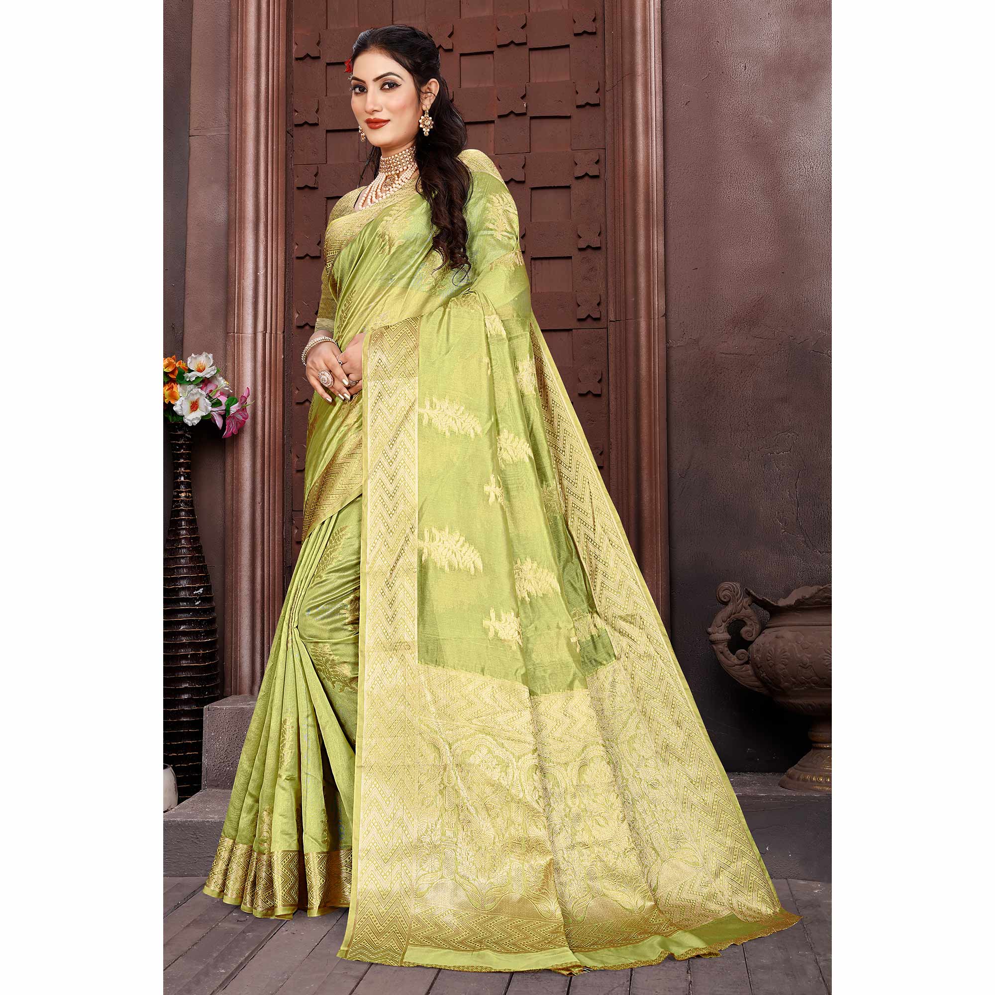 Pista Green Floral Woven Organza Saree