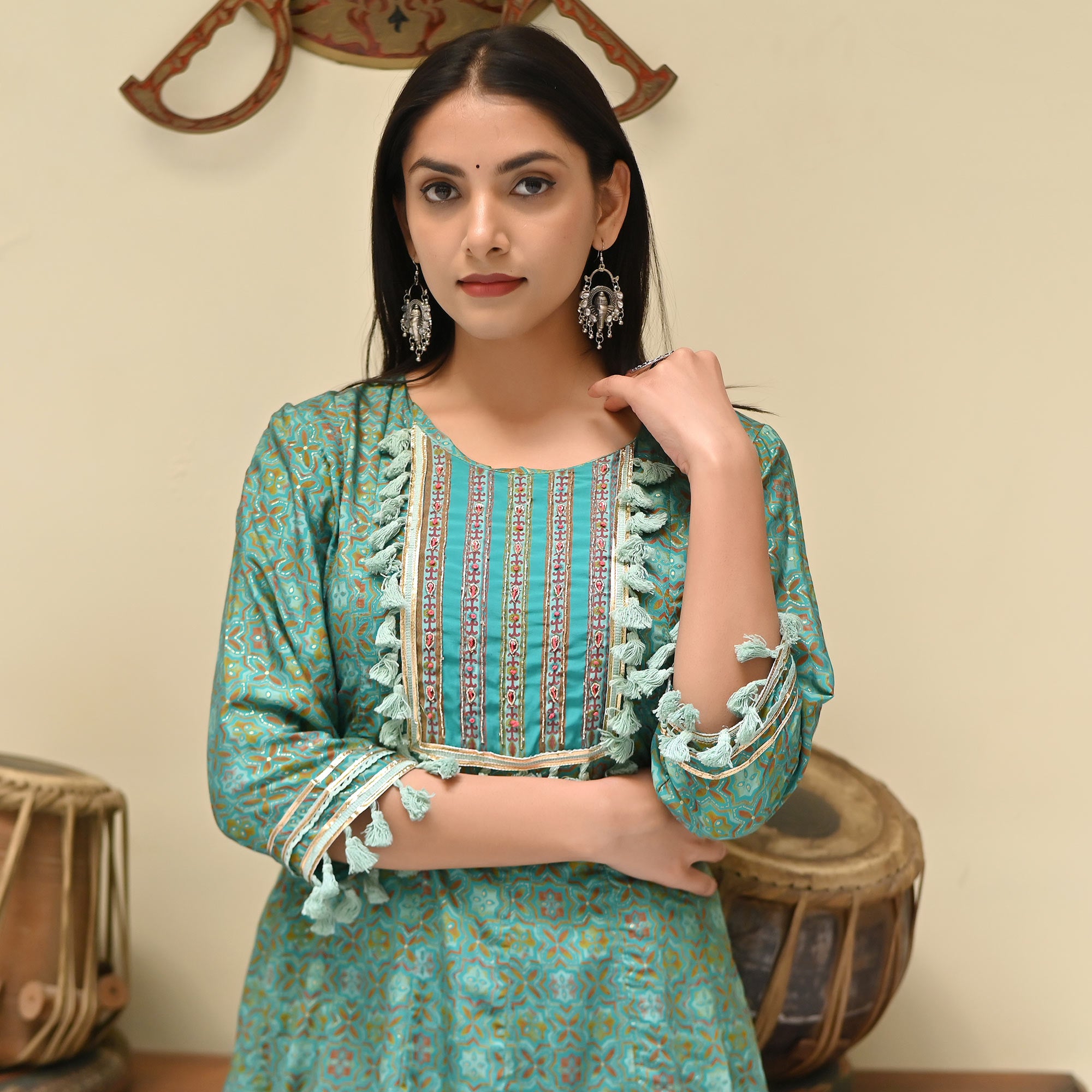 Sea Green Printed Muslin Kurti With Dhoti Set