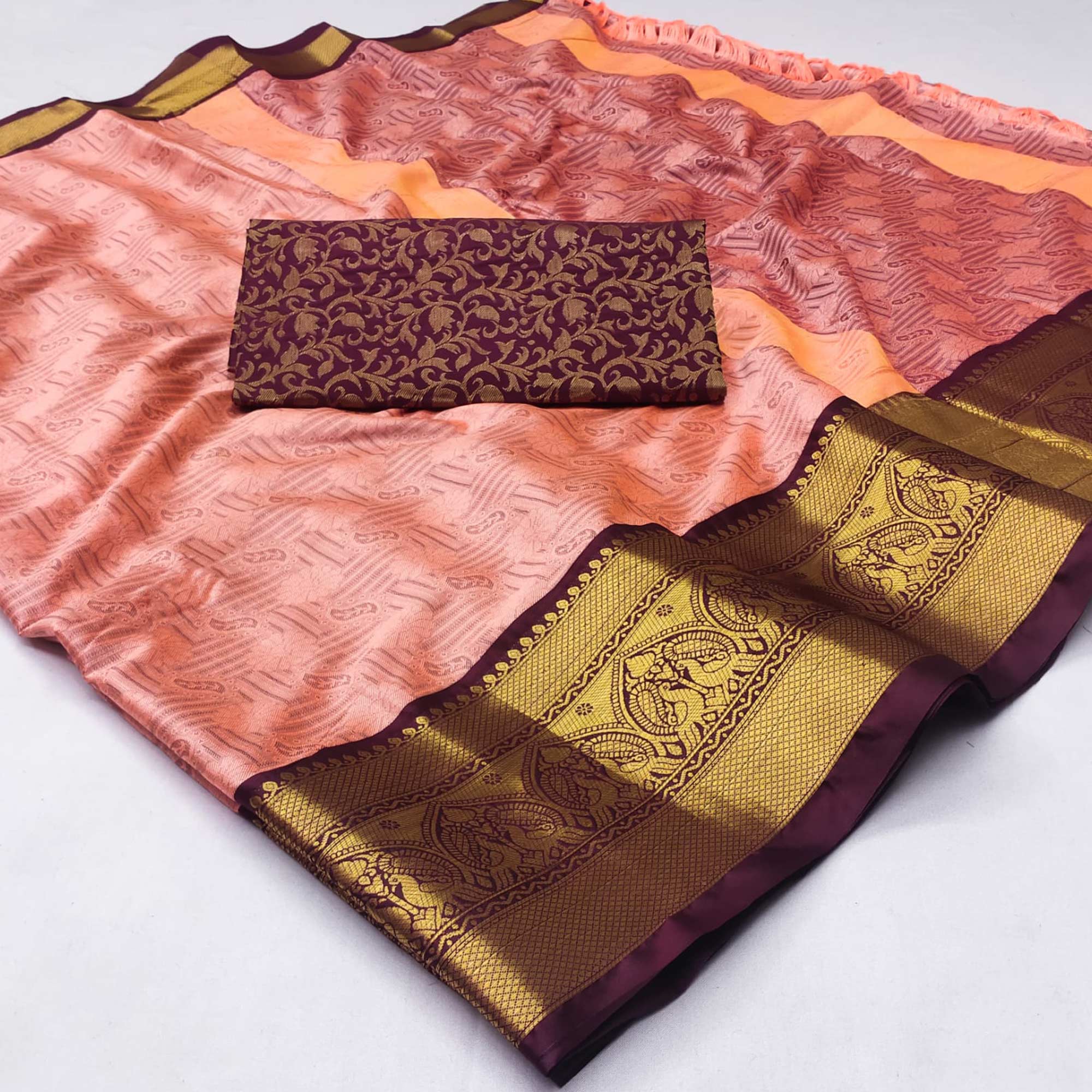 Baby Pink Woven Cotton Silk Saree With Tassels