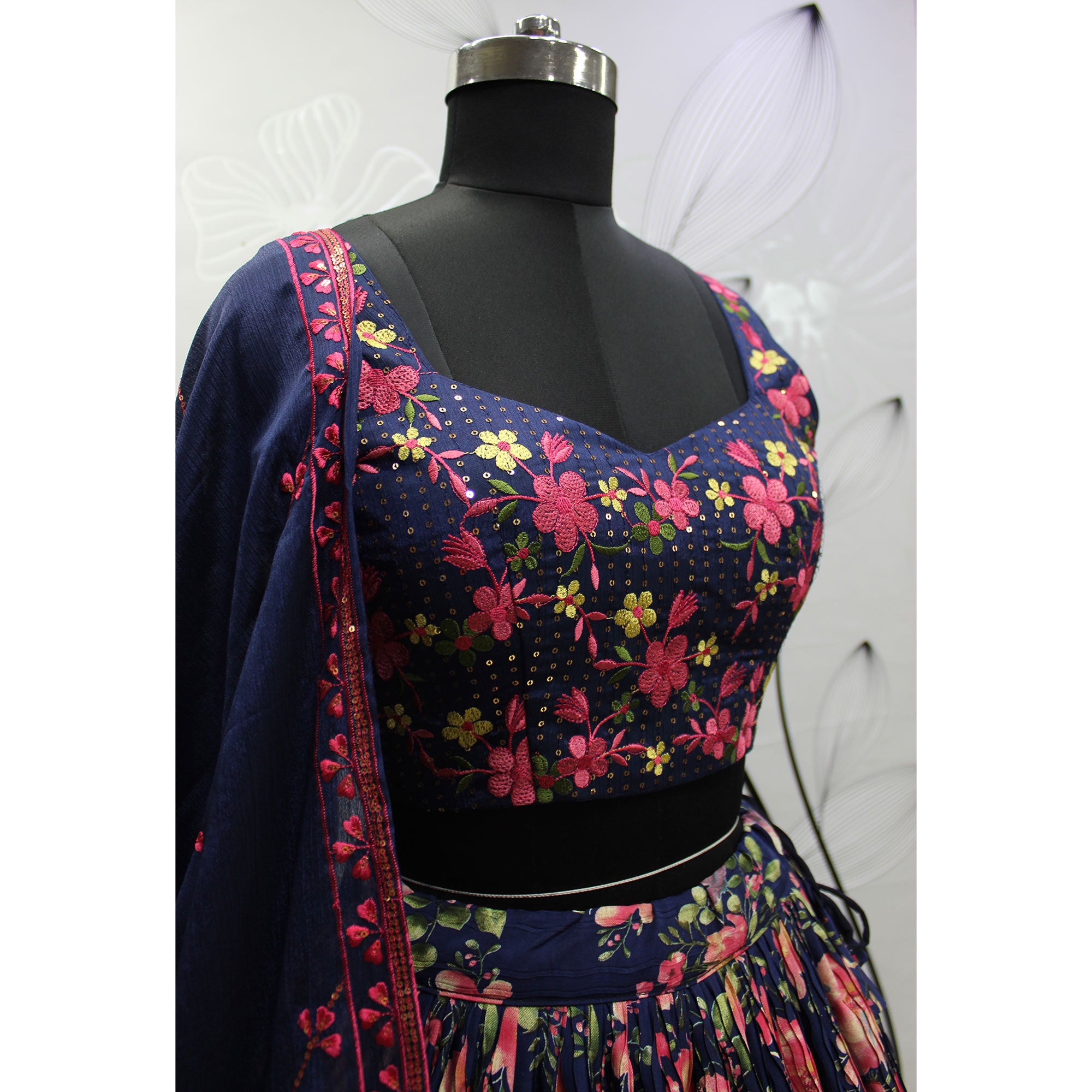 Navy Blue Floral Printed Art Silk Lehenga Choli