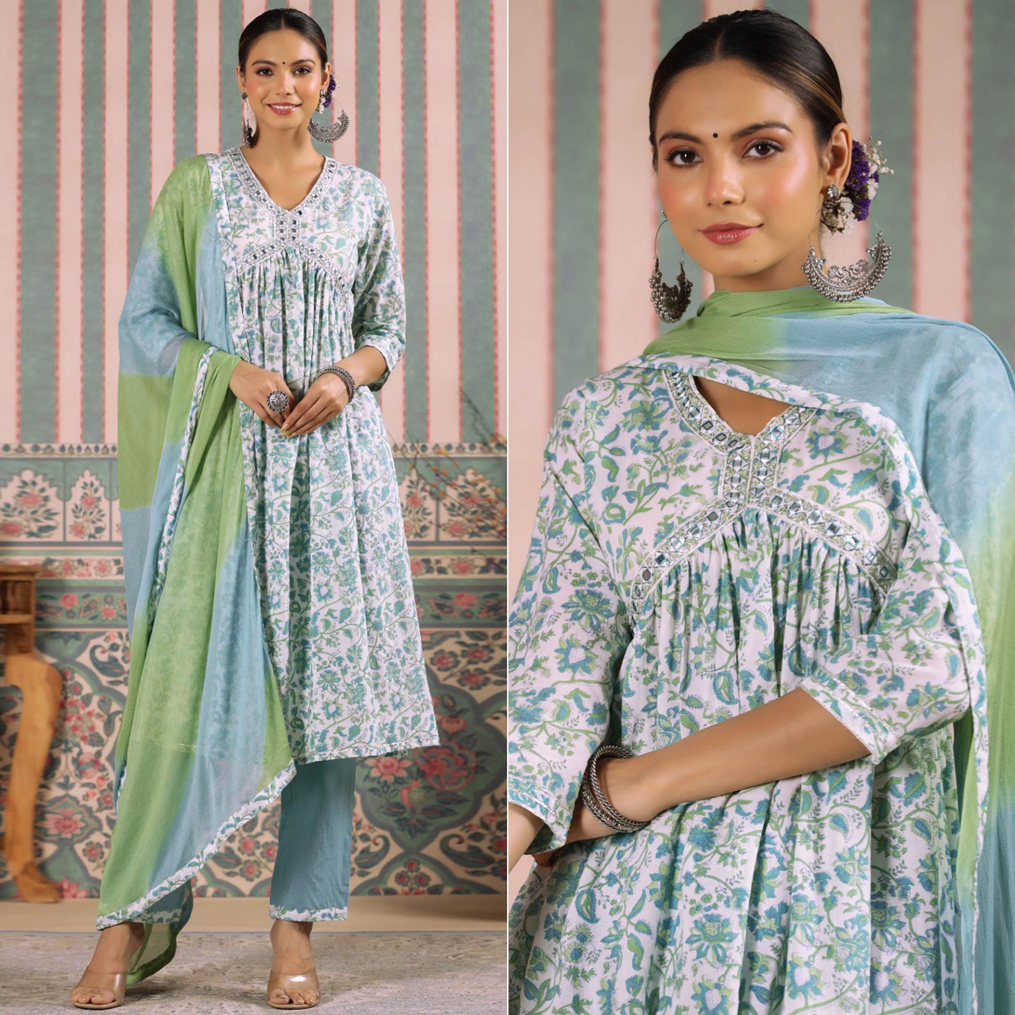 Aqua Blue Floral Printed Pure Cotton Alia Cut Suit