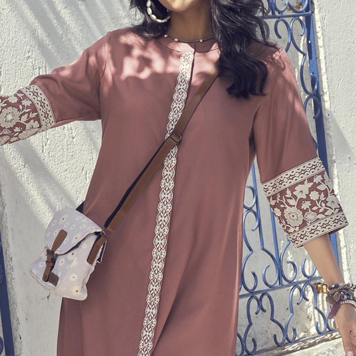 Mauve Embroidered Rayon Tunic