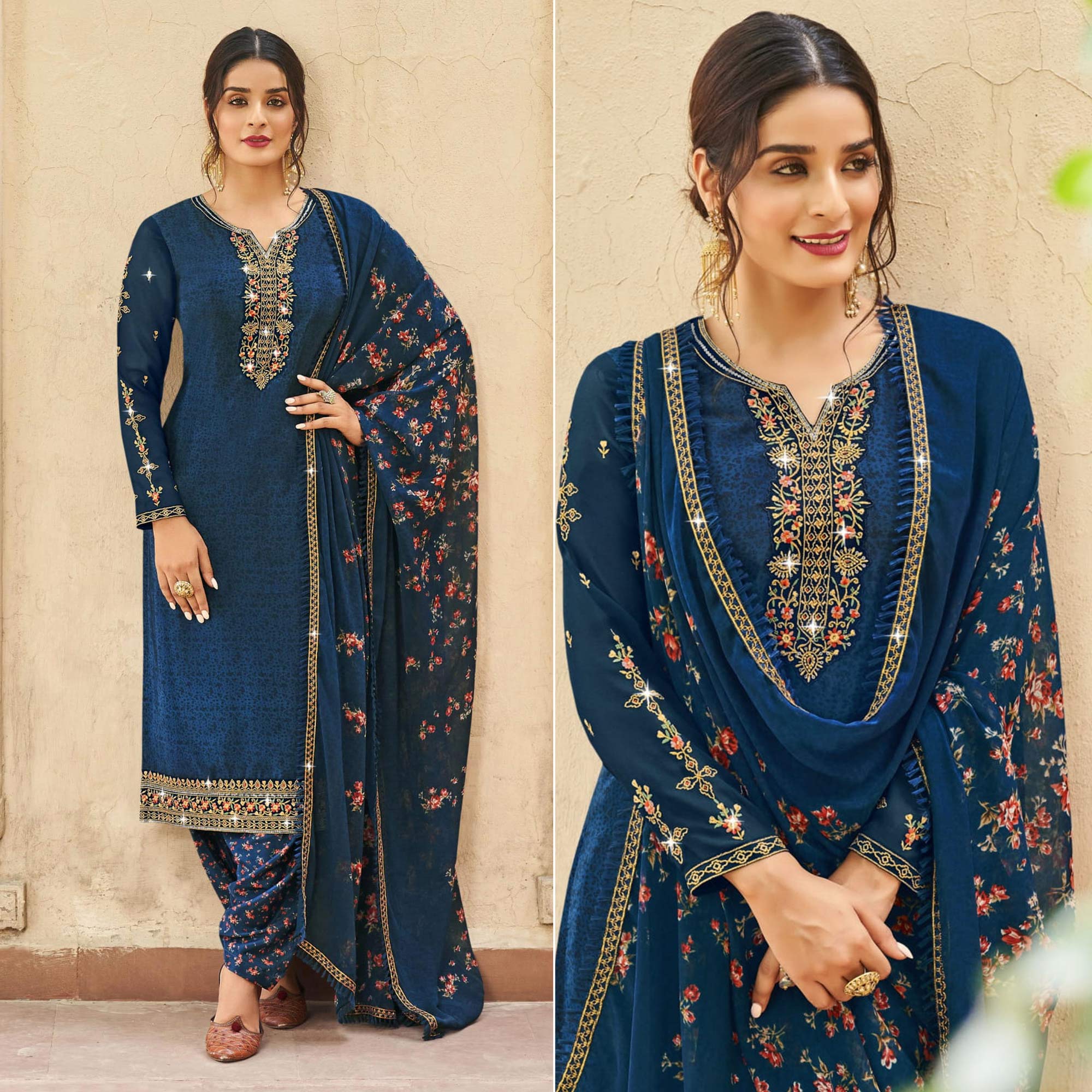 Navy Blue Floral Embroidered Crepe Patiala Suit