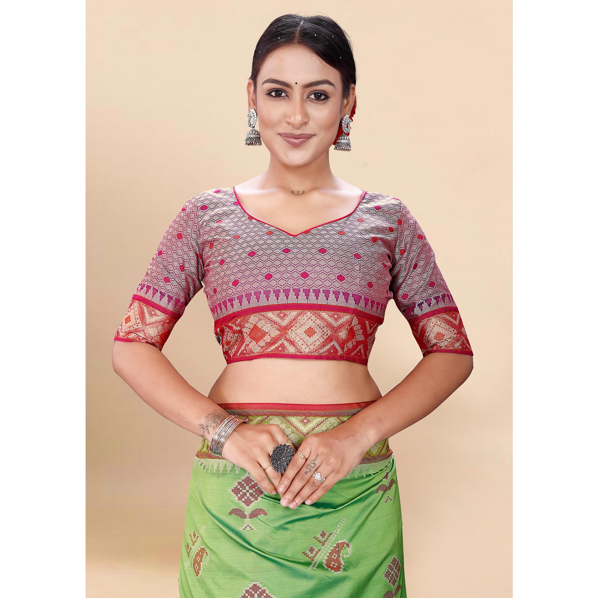 Green Woven Patola Art Silk Saree With Tassels