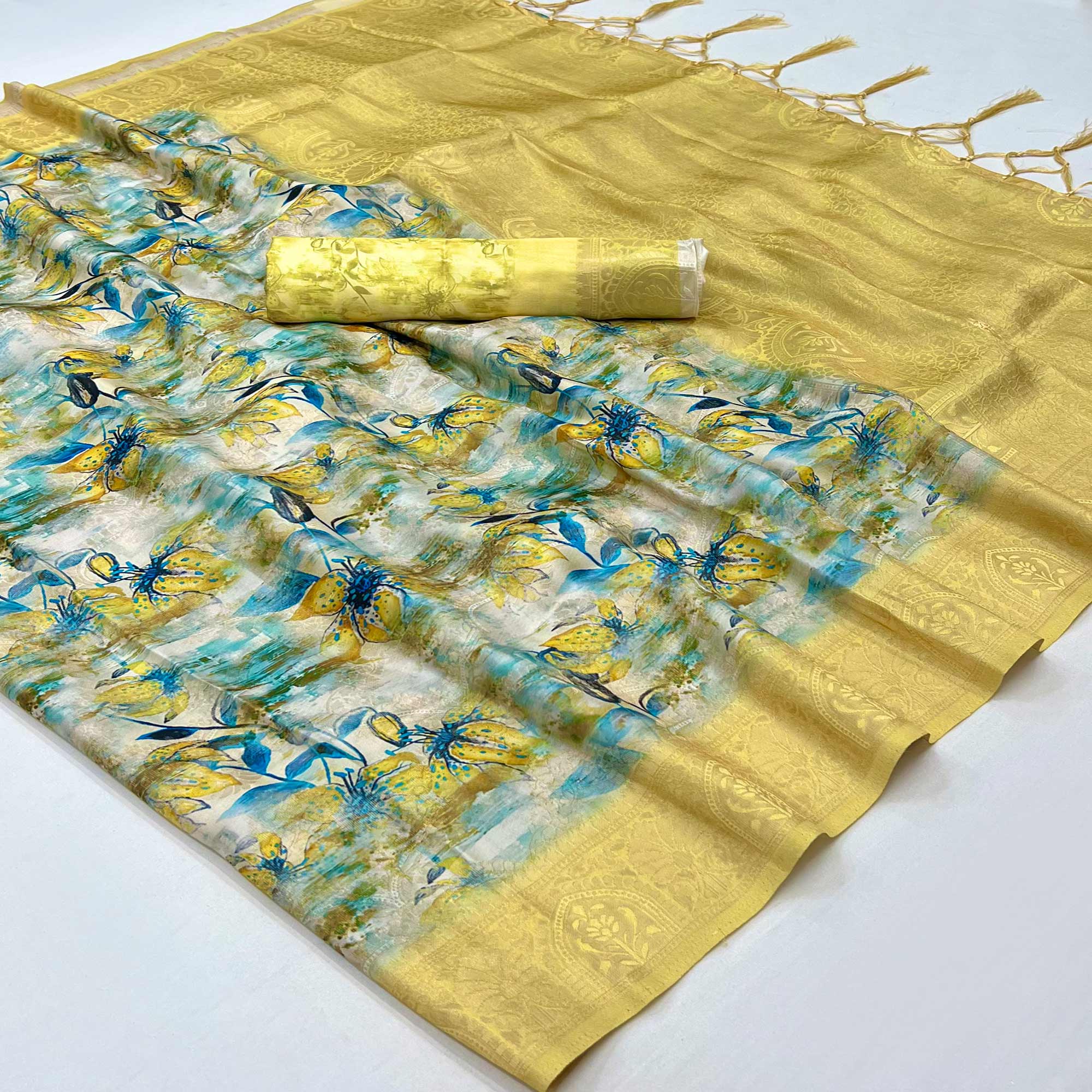 Blue & Cream Floral Digital Printed Jacquard Saree