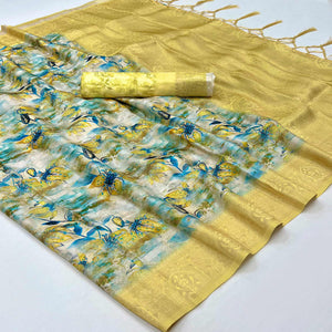 Blue & Cream Floral Digital Printed Jacquard Saree