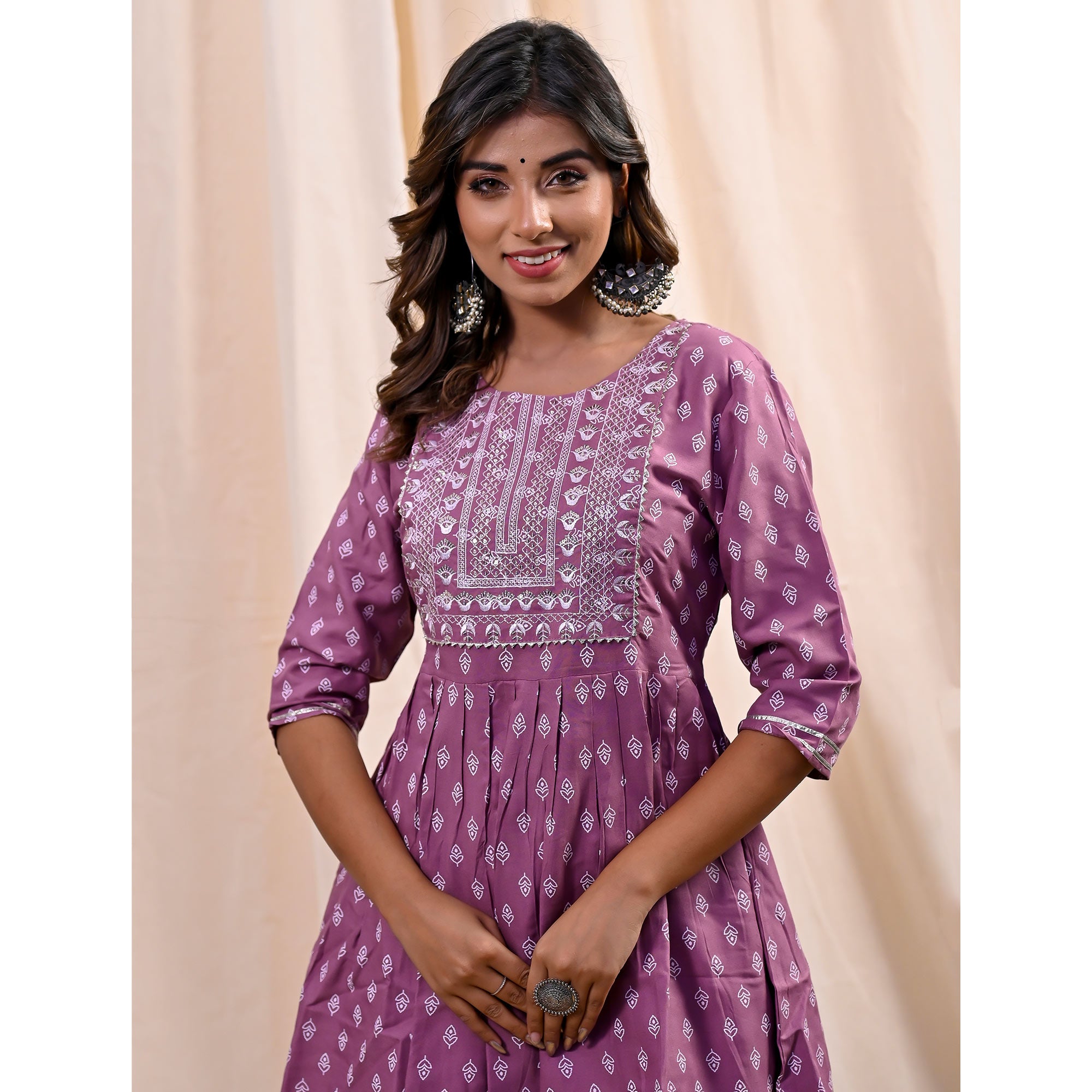 Plum Violet Printed With Embroidered Rayon Kurti With Dhoti Set