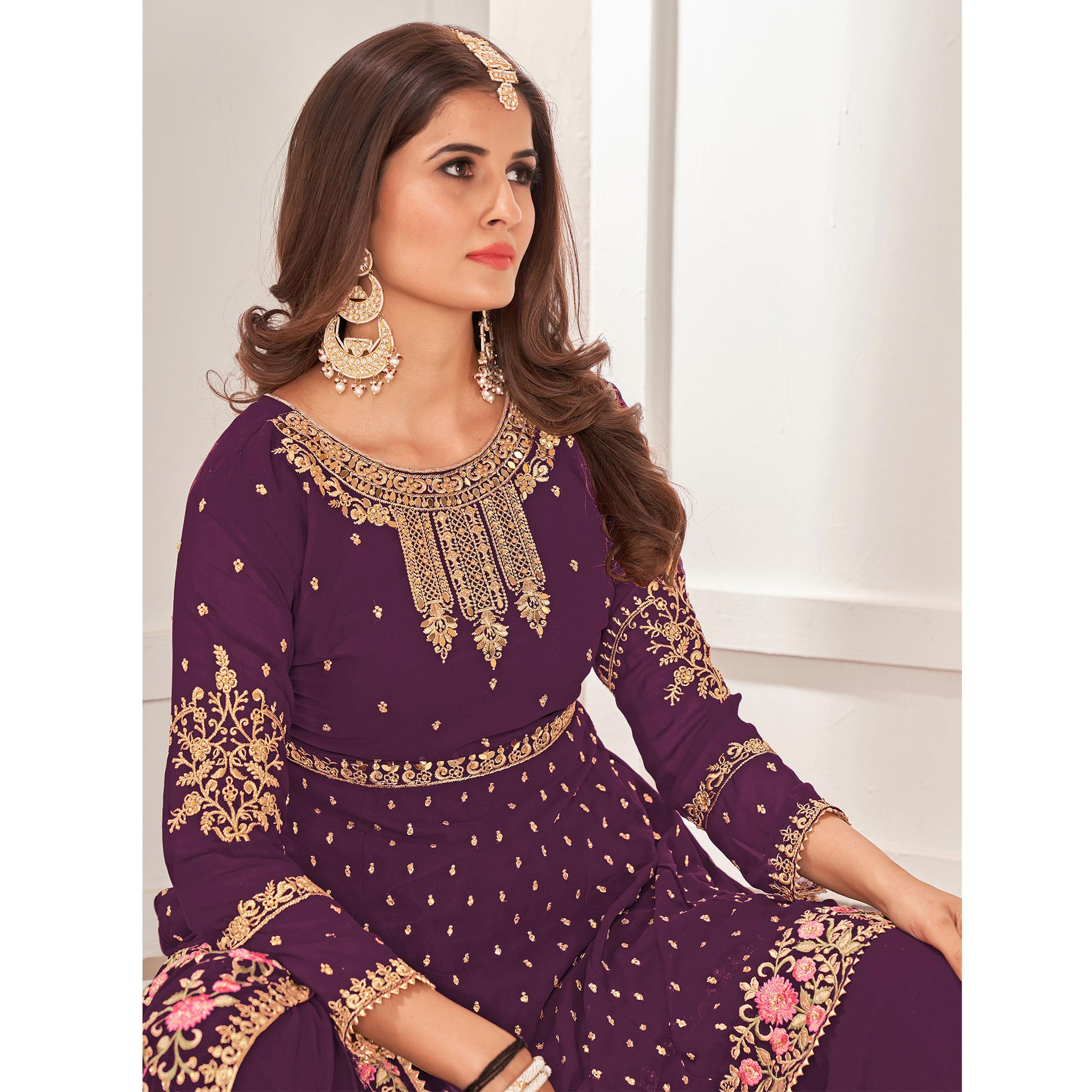 Purple Sequins Embroidered Georgette Sharara Suit