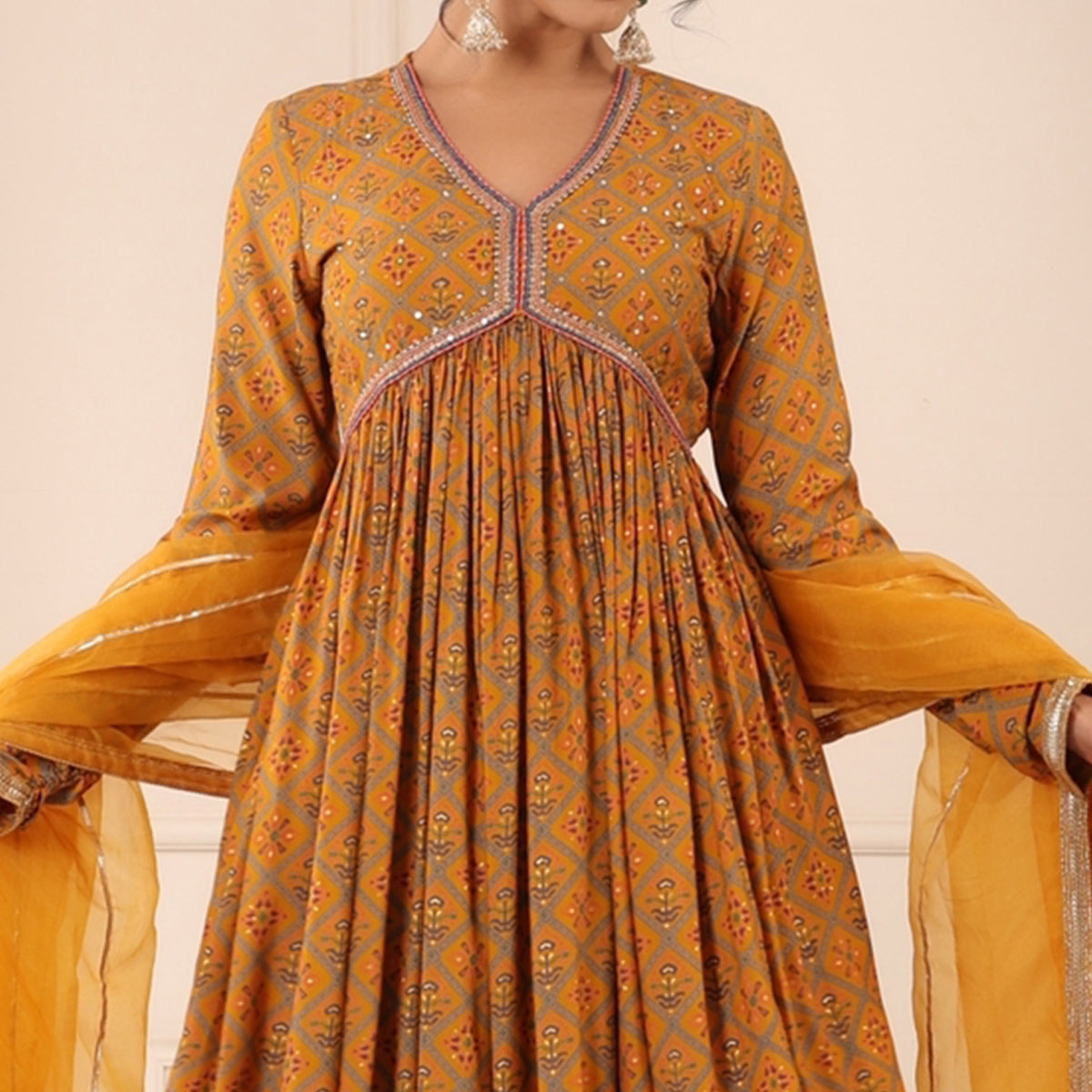 Mustard Patola Printed Muslin Gown With Dupatta