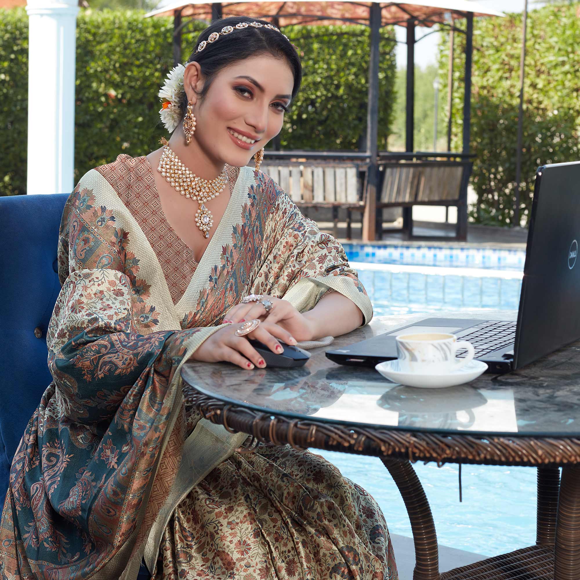 Beige Digital Printed Pashmina Saree