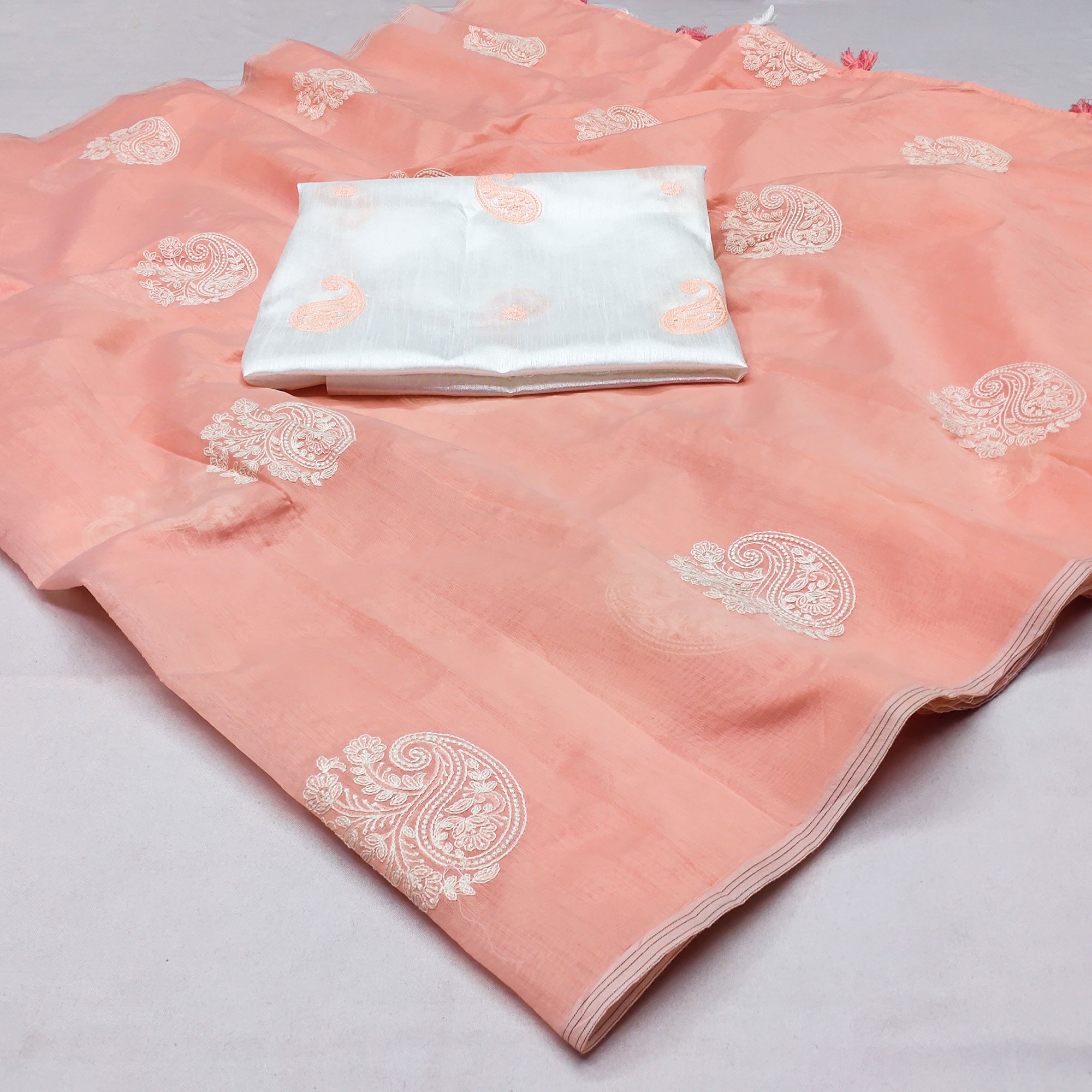Peach Embroidered Chanderi Saree