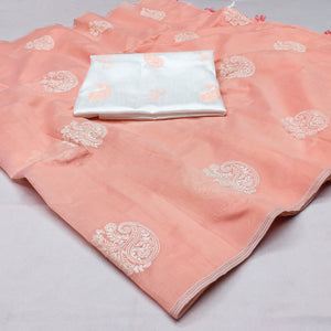 Peach Embroidered Chanderi Saree
