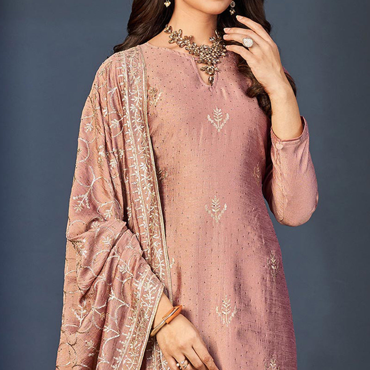 Peach Sequins Embroidered Dola Silk Suit