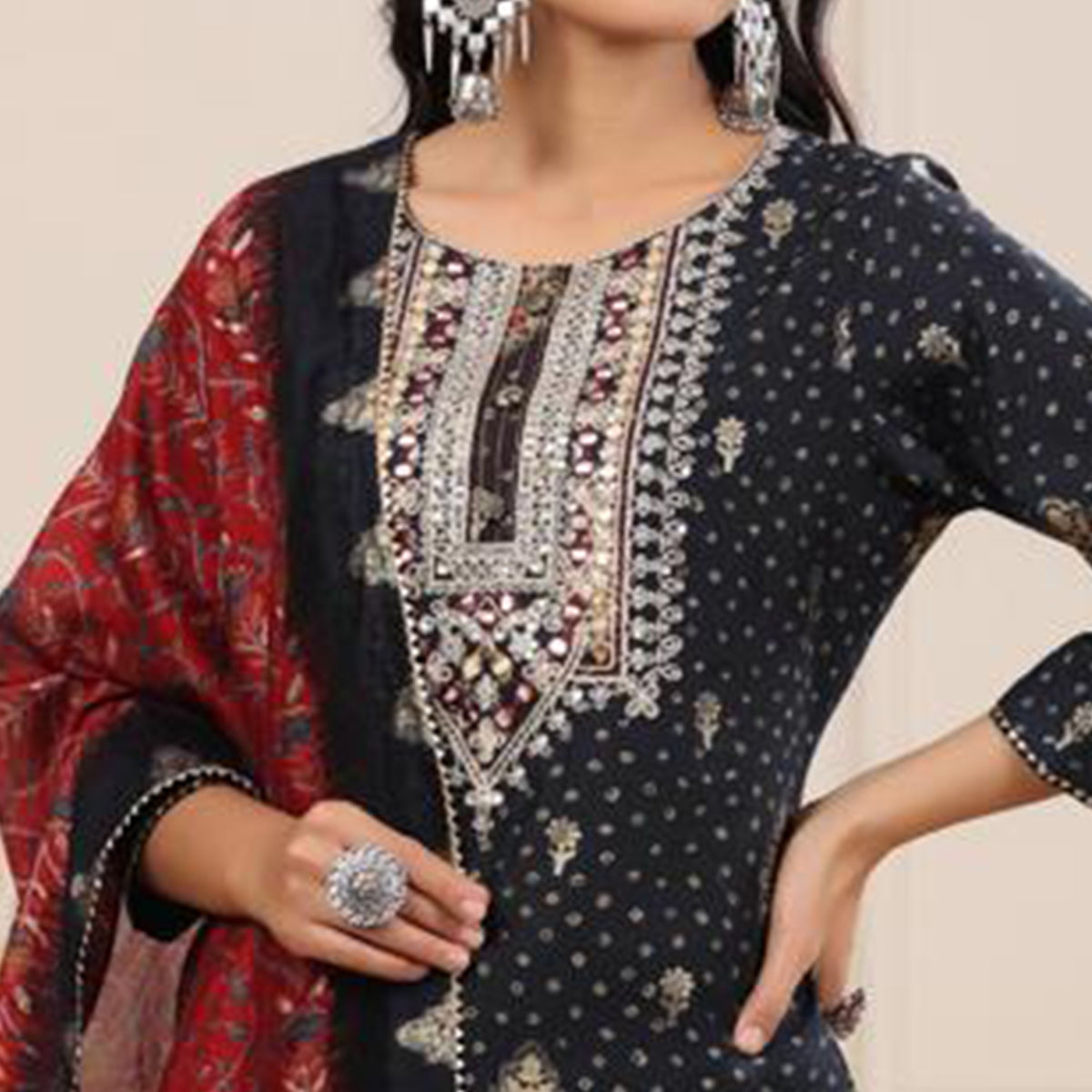 Black Jaipuri Printed With Embroidered Chanderi Salwar Suit