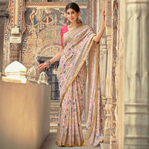 Beige Floral Printed Chiffon Saree