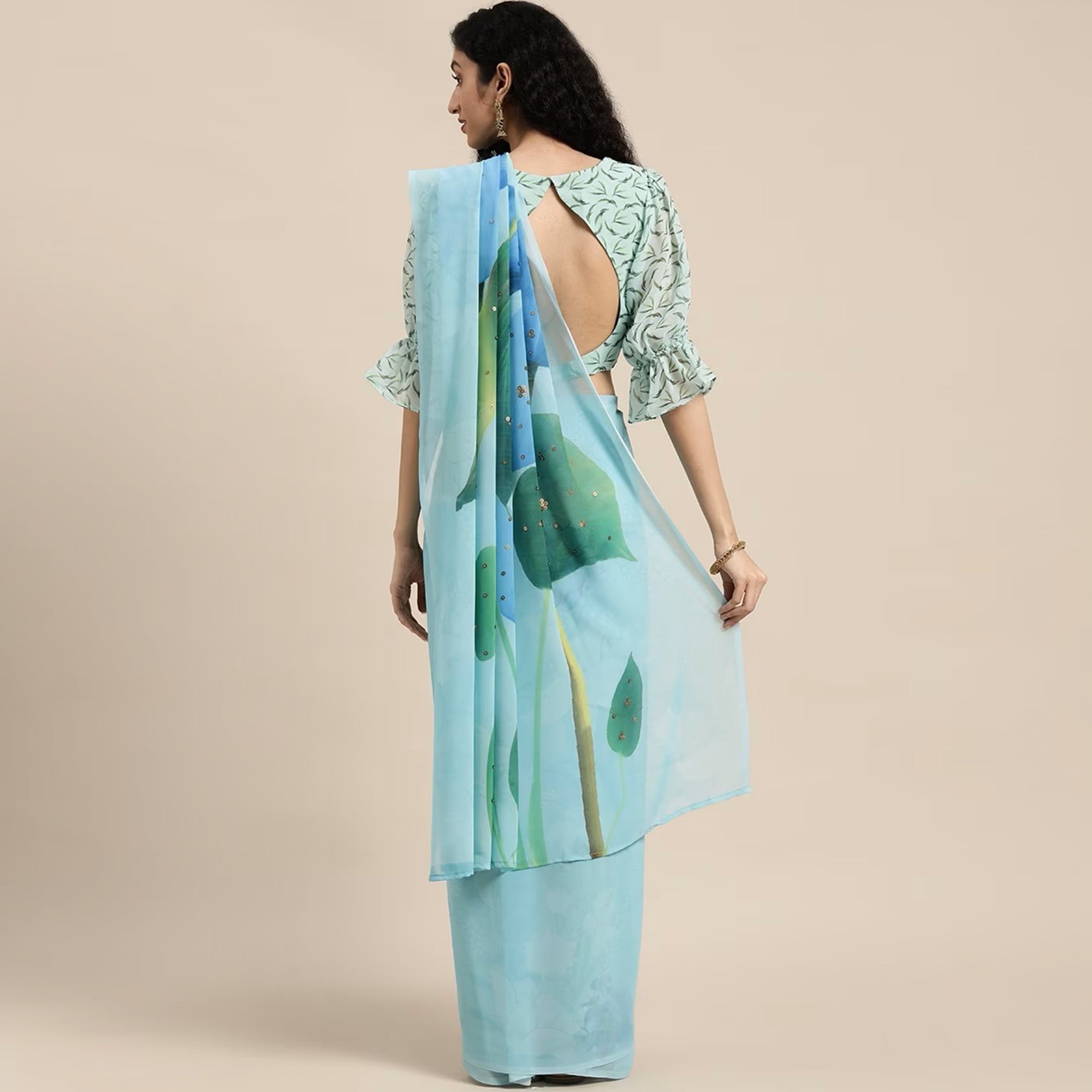 Sky Blue Floral Digital Printed Georgette Saree