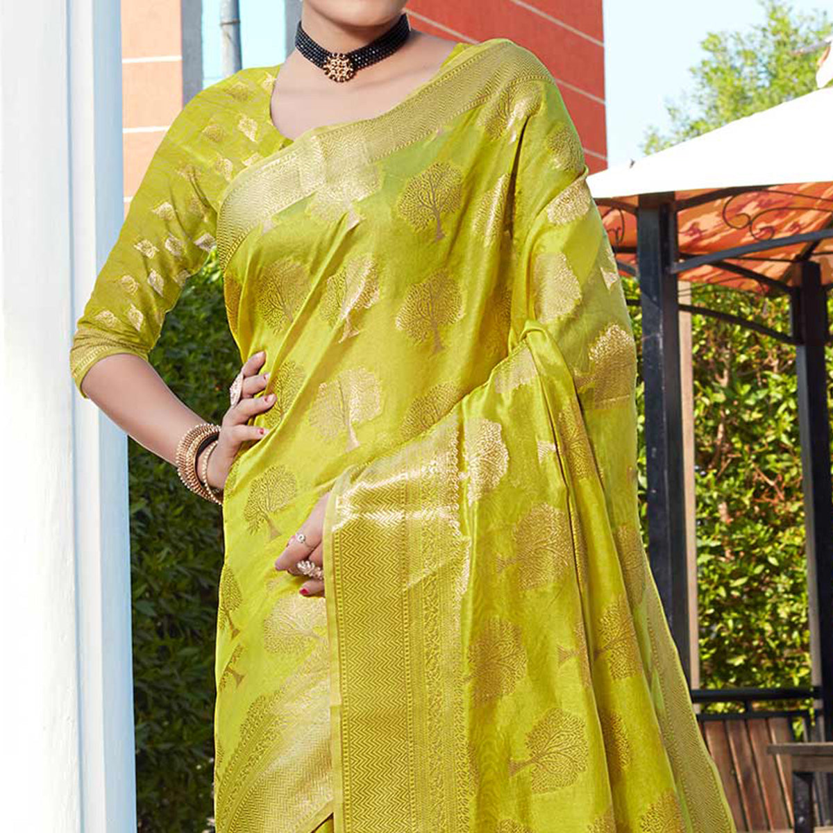 Lemon Green Woven Organza Saree