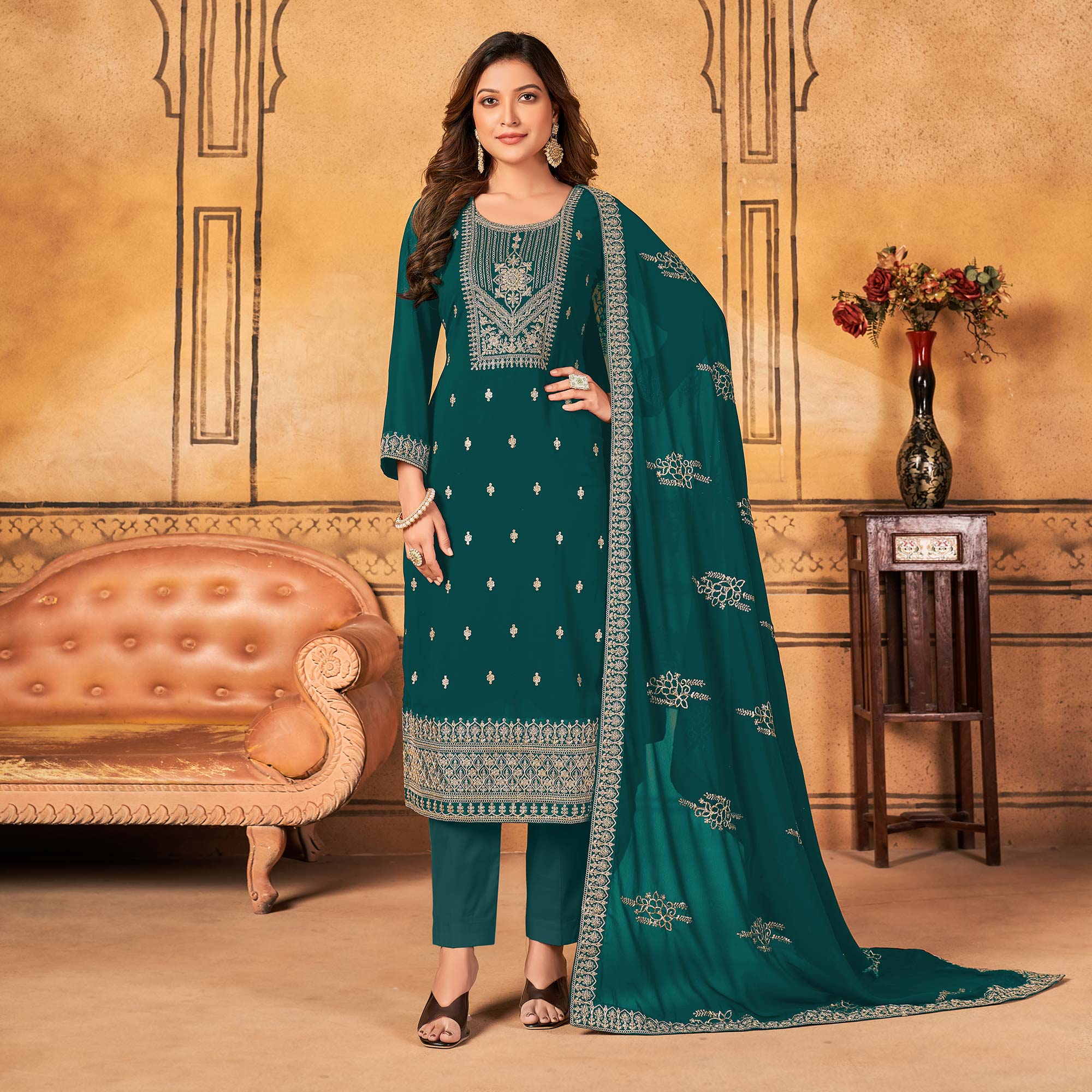 Green Floral Embroidered Georgette Salwar Suit