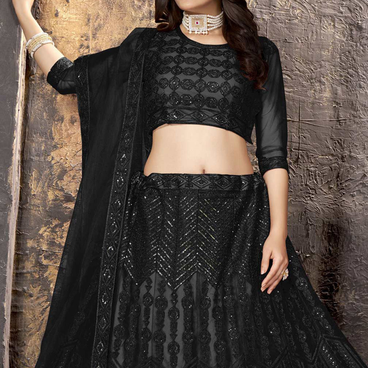 Black Sequins Embroidered Net Lehenga Choli