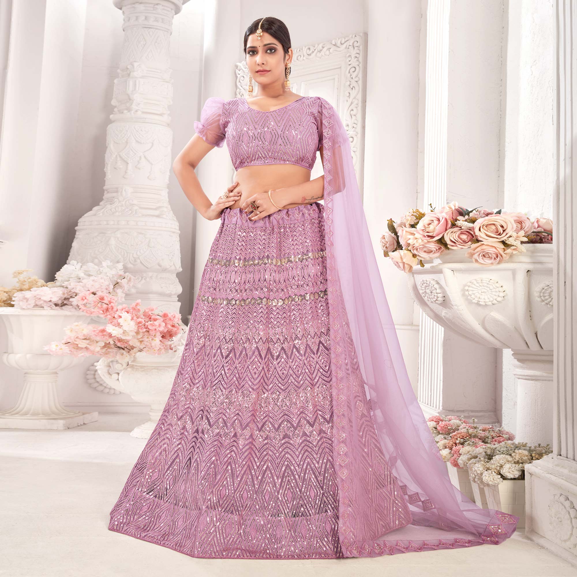 Mauve Sequins Embroidered Netted Lehenga Choli