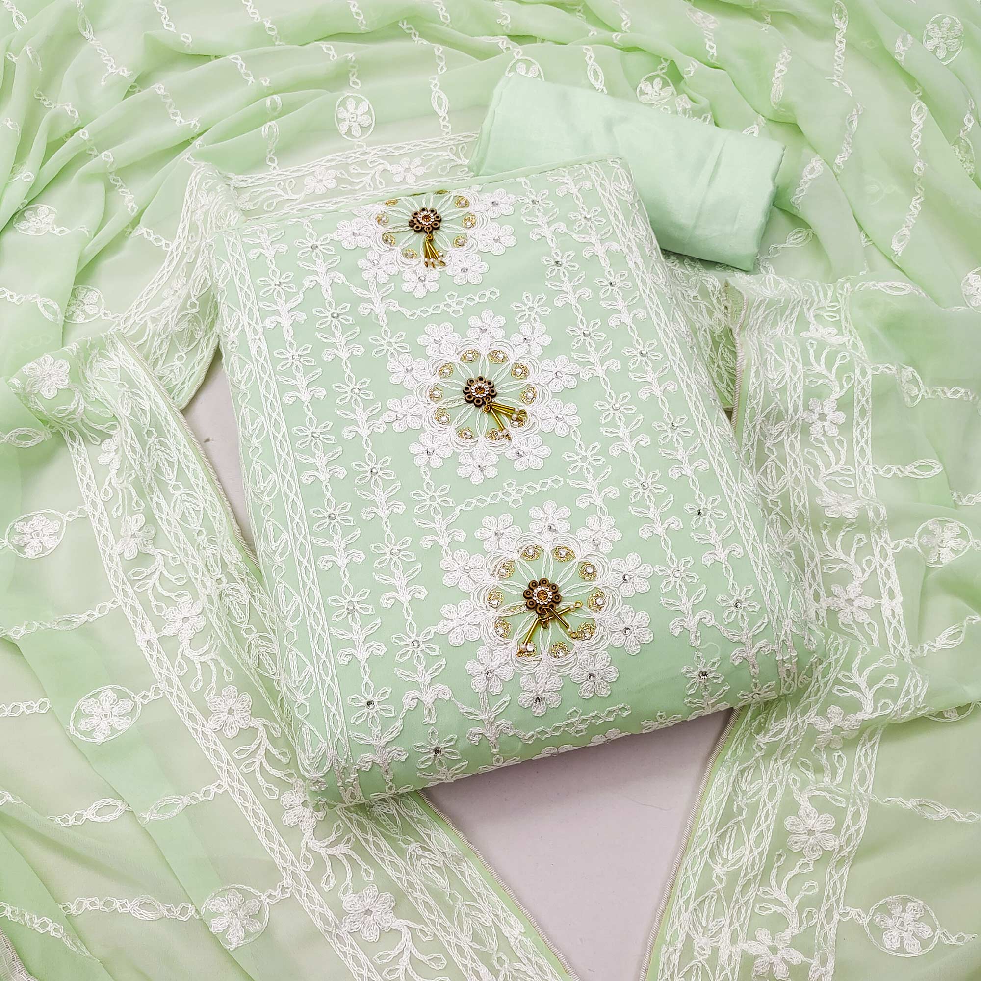 Green Lucknowi Embroidered Georgette Dress Material