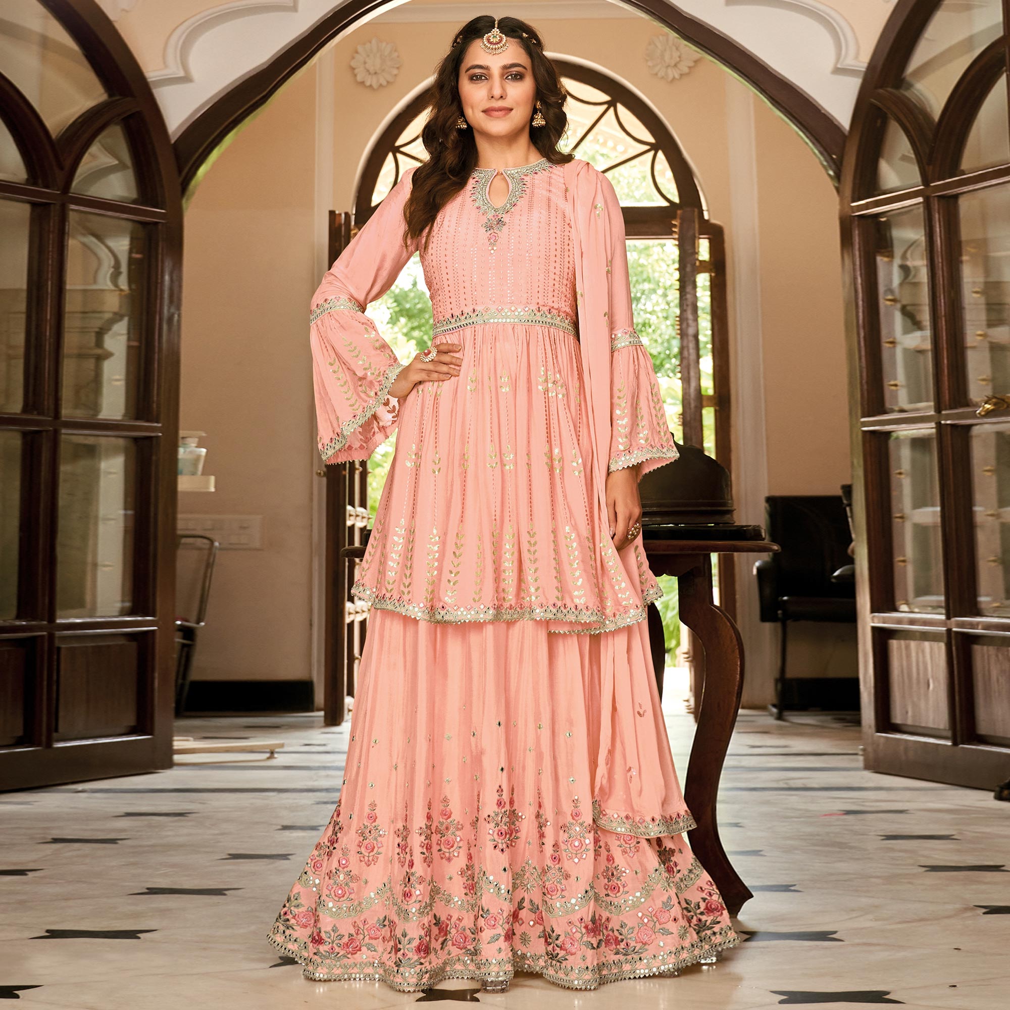 Peach Floral Sequins Embroidered Chiffon Semi Stitched Sharara Suit