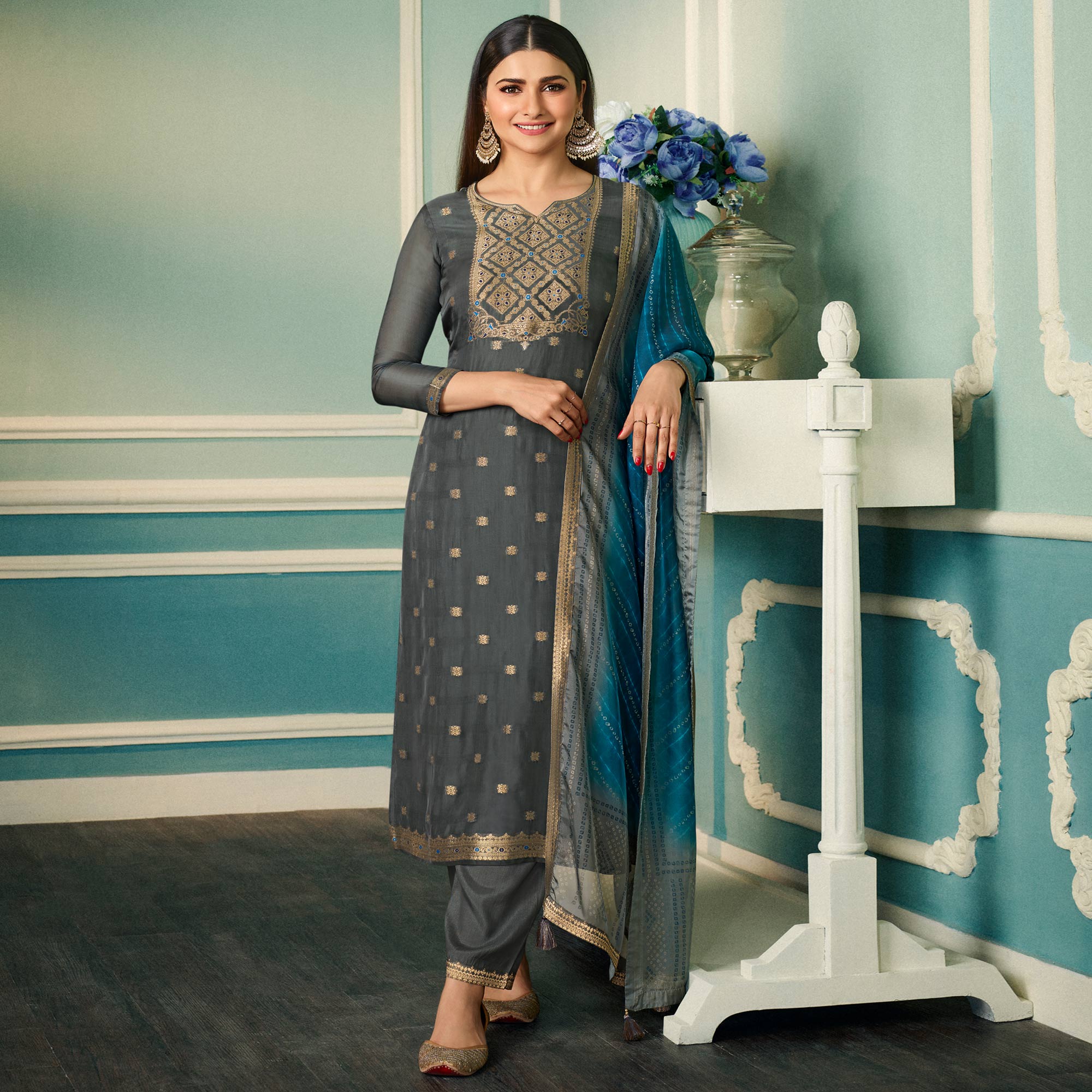 Grey Floral Woven Organza Salwar Suit