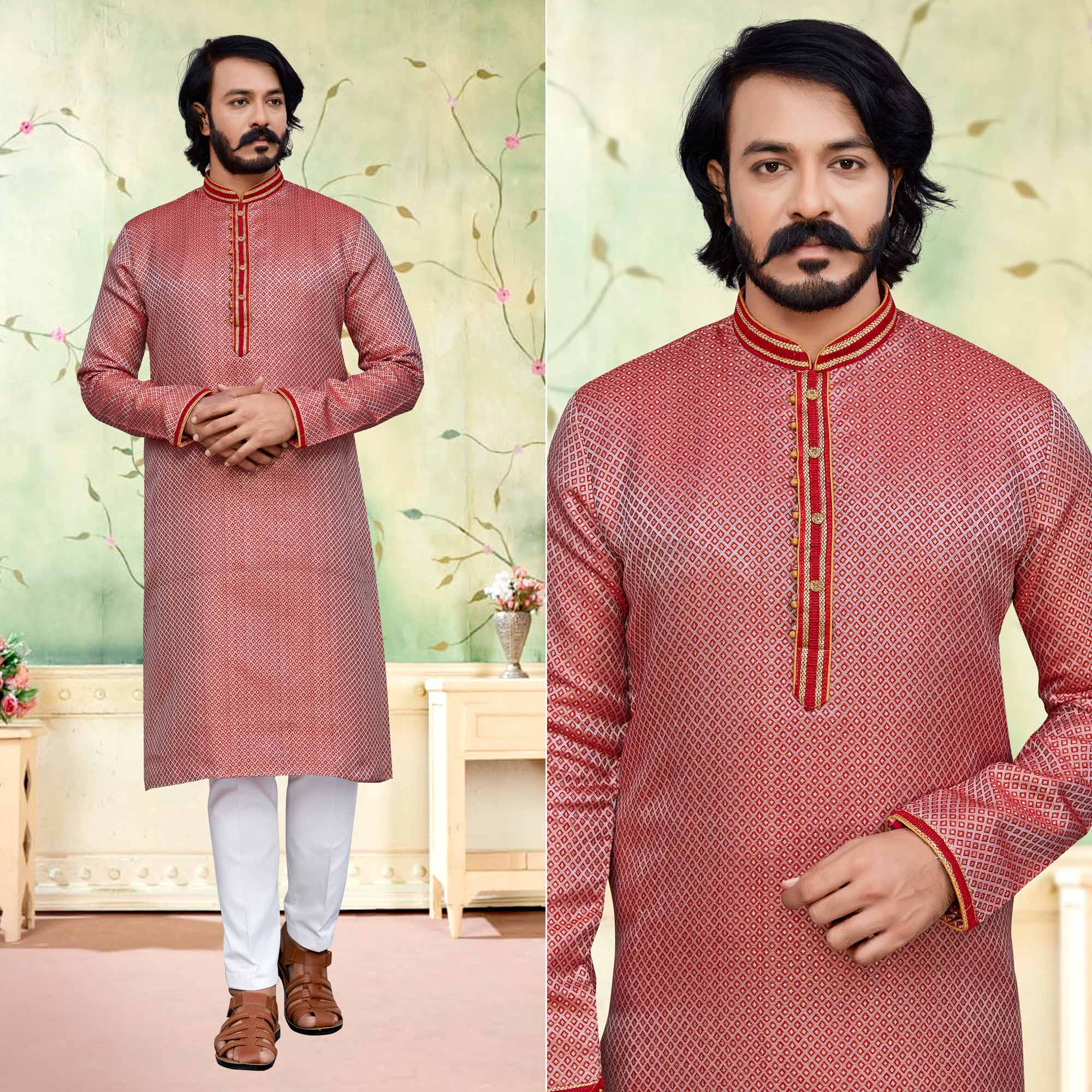 Red Woven Jacquard Kurta Pyjama Set