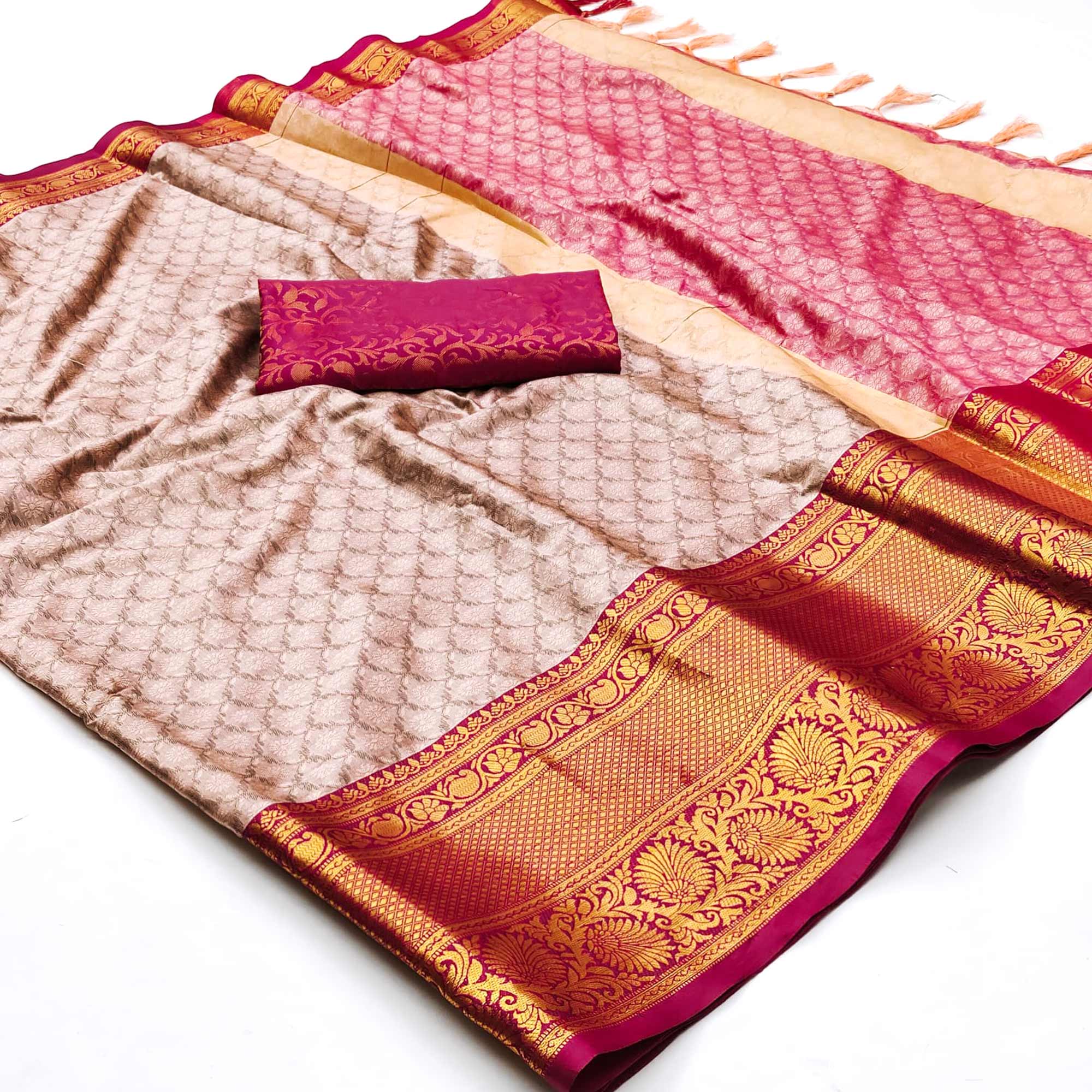 Baby Pink Printed And Woven Cotton Silk Saree With Tassels