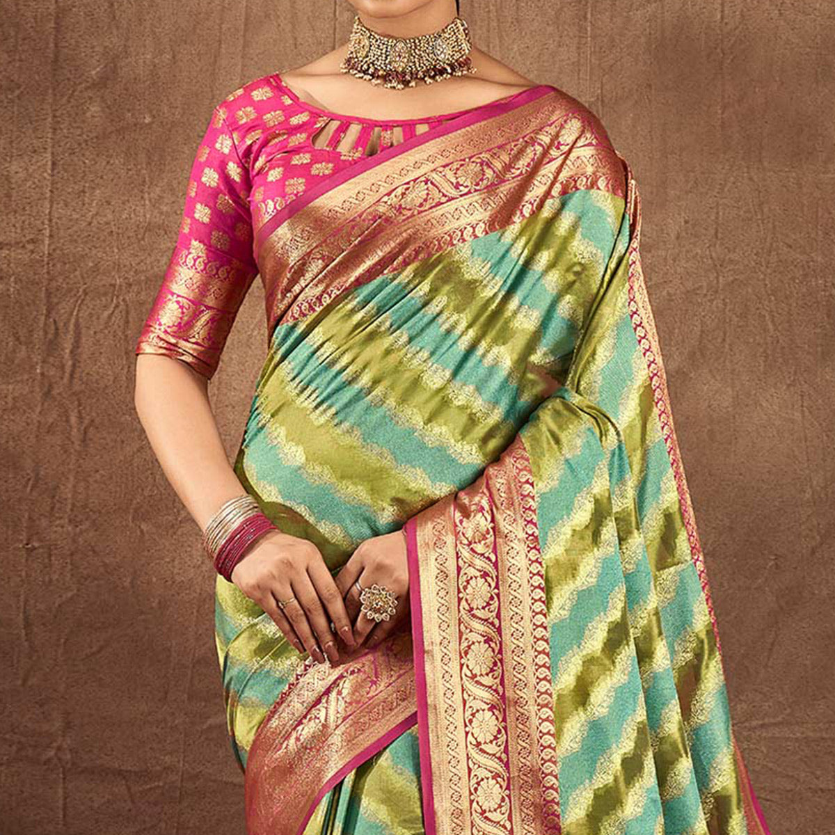 Green & Blue Woven Art Silk Saree