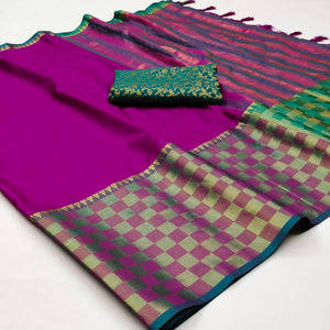 Magenta Pink Woven Cotton Silk Saree With Tassels