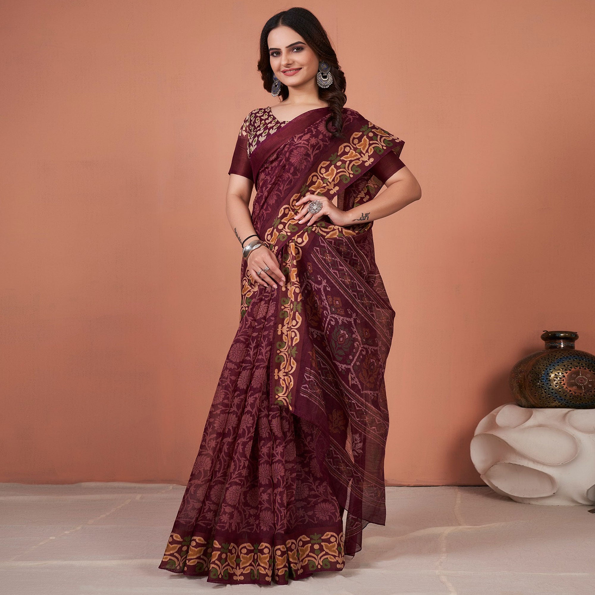 Purple Floral Printed Cotton Saree With Tassels