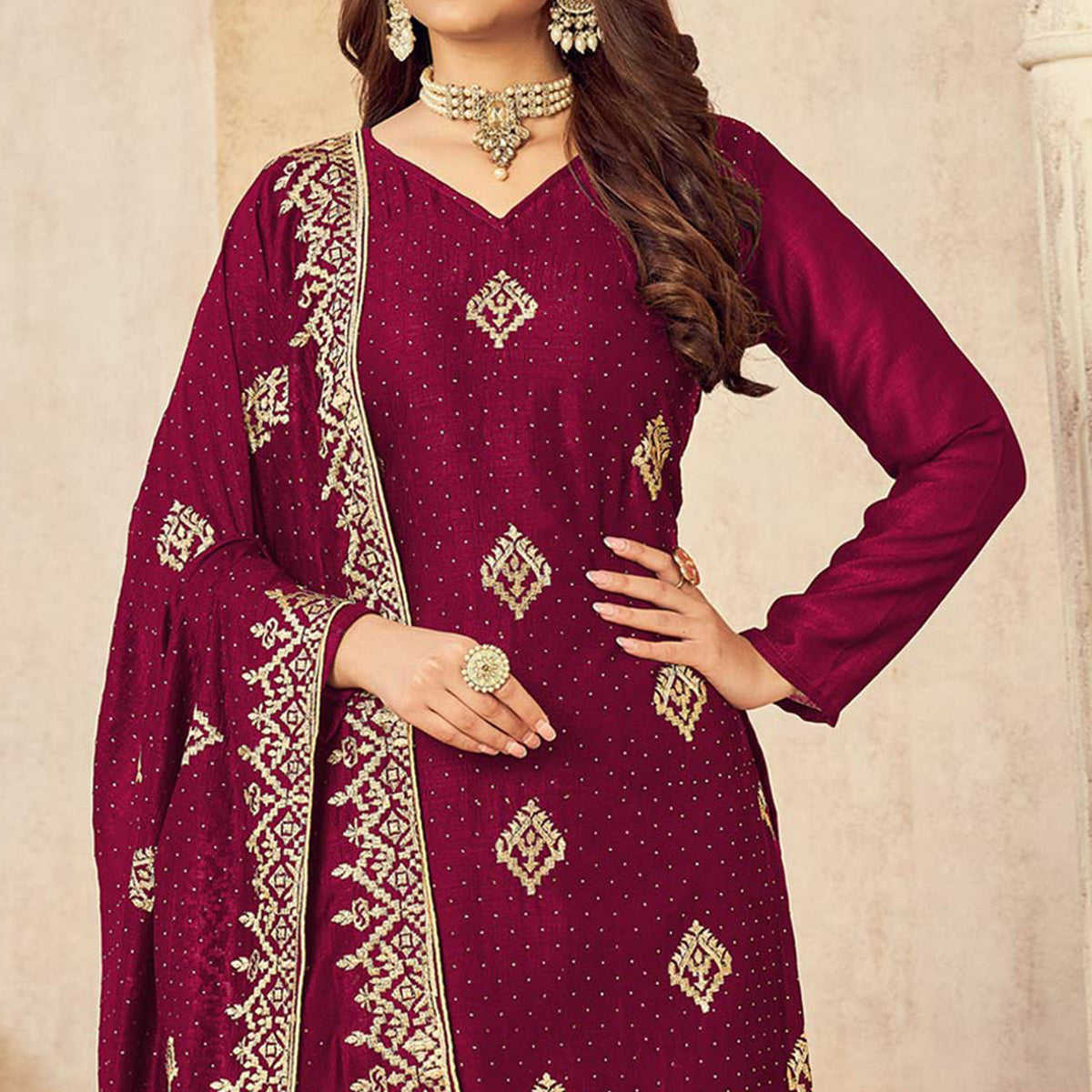Wine Embroidered Vichitra Silk Suit