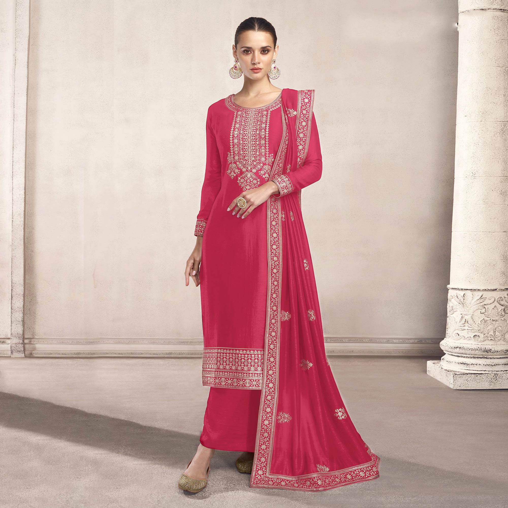 Red Embroidered Dola Silk Salwar Suit