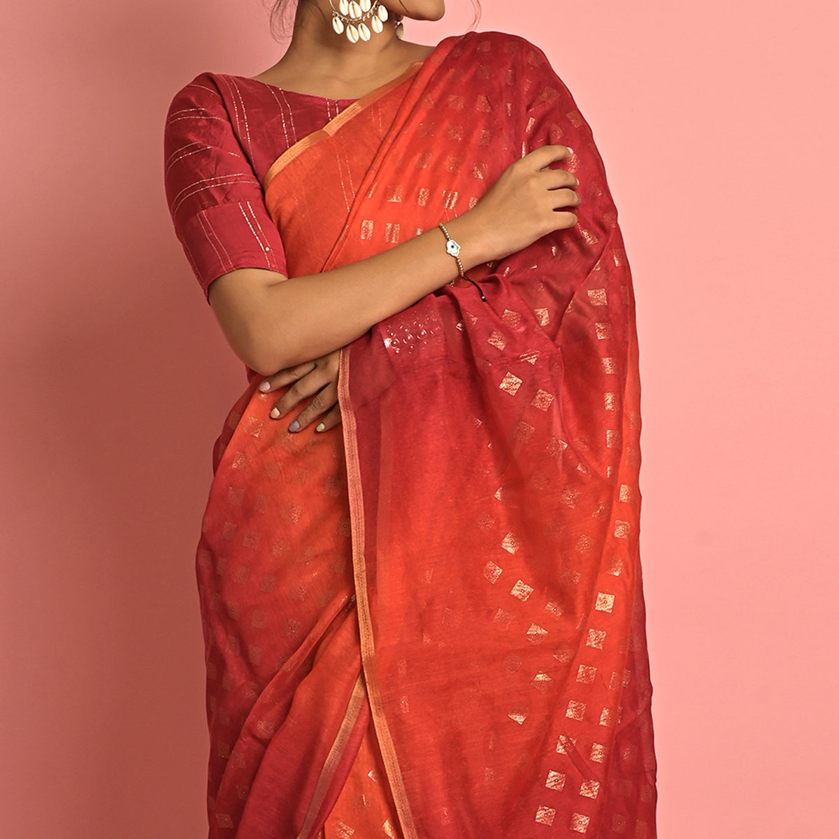 Orange & Red Foil Printed Cotton Blend Saree