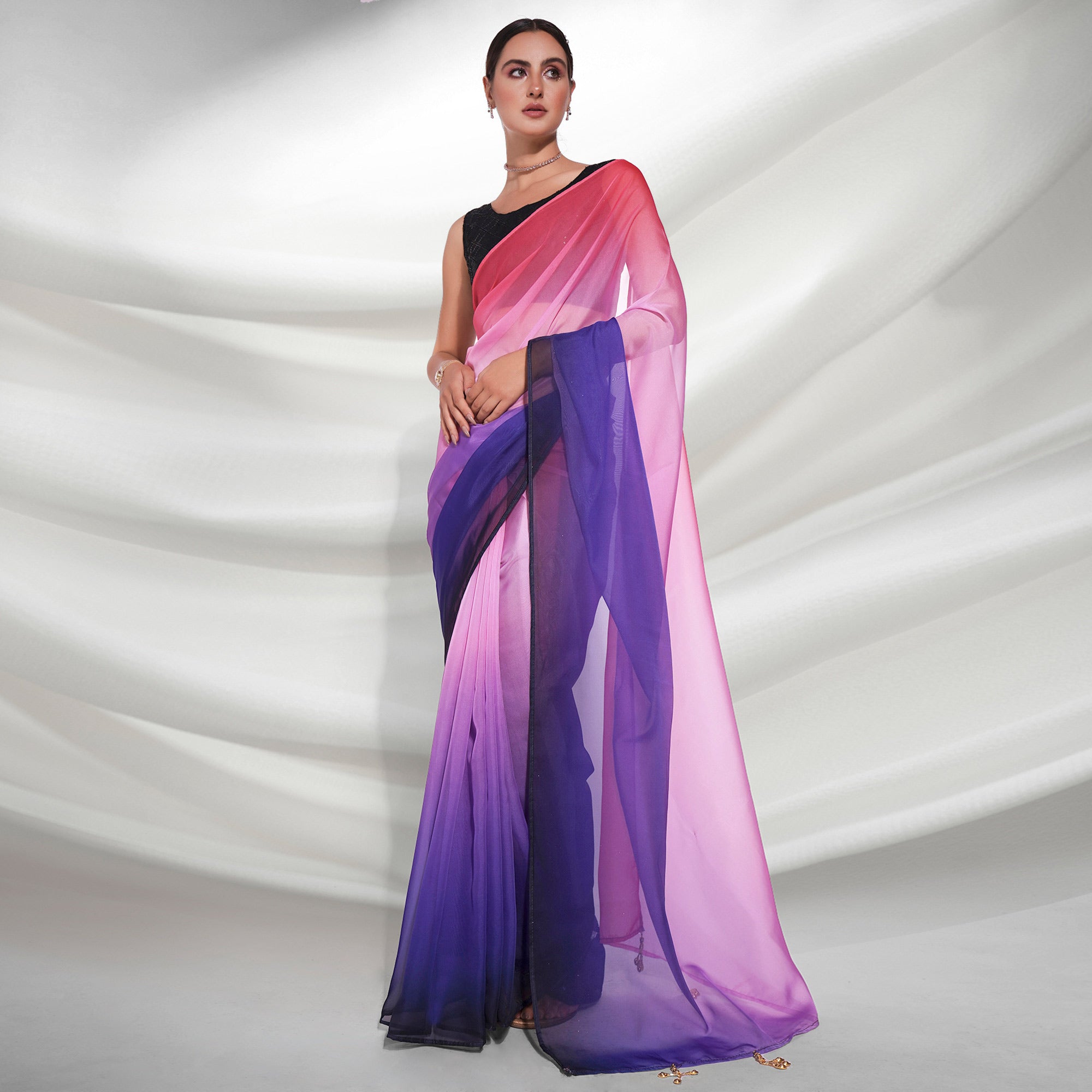 Violet And Pink Printed Organza Saree