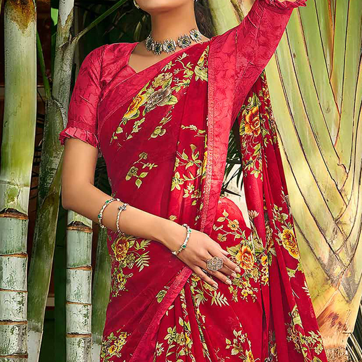 Red Floral Printed Georgette Saree