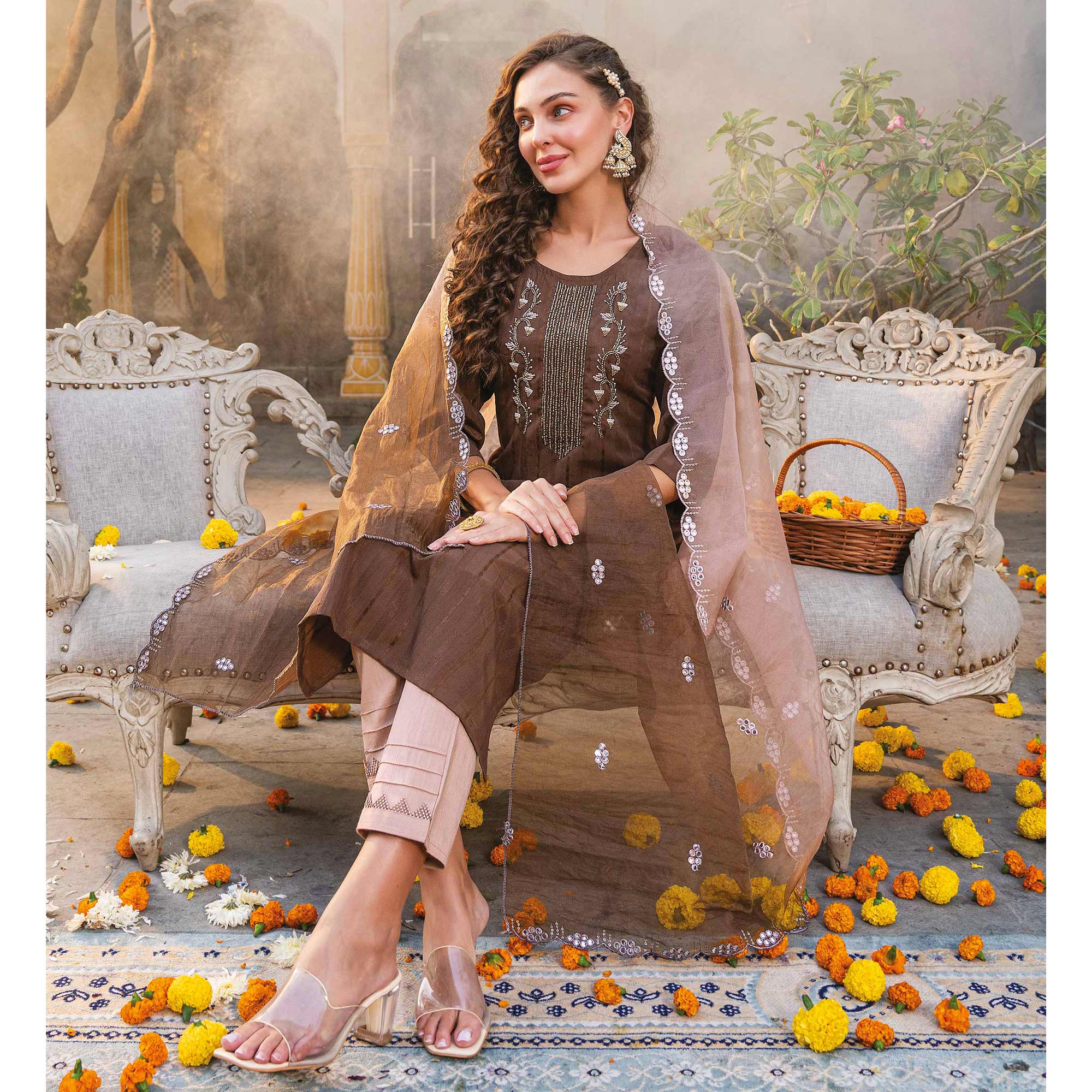 Brown Embellished Viscose Salwar Suit
